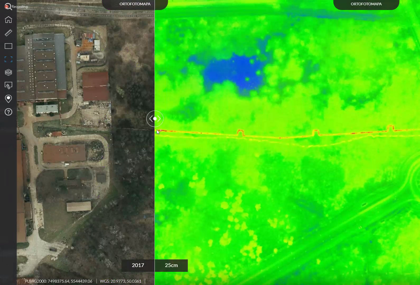 Przykładowa ortofotomapa wykonana przez MGGP Aero. Na części termowizyjnej mapy wyraźnie widać ciepłą rurę ciepłowniczą ukrytą pod powierzchnią ziemi. Źr&oacute;dło: MGGP Aero