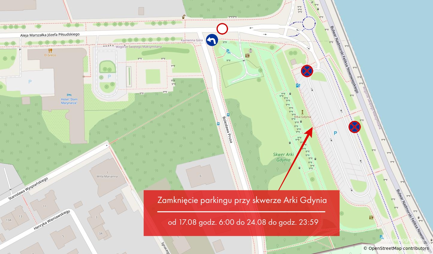 Mapka pokazująca zamknięcie Skweru Arki Gdynia