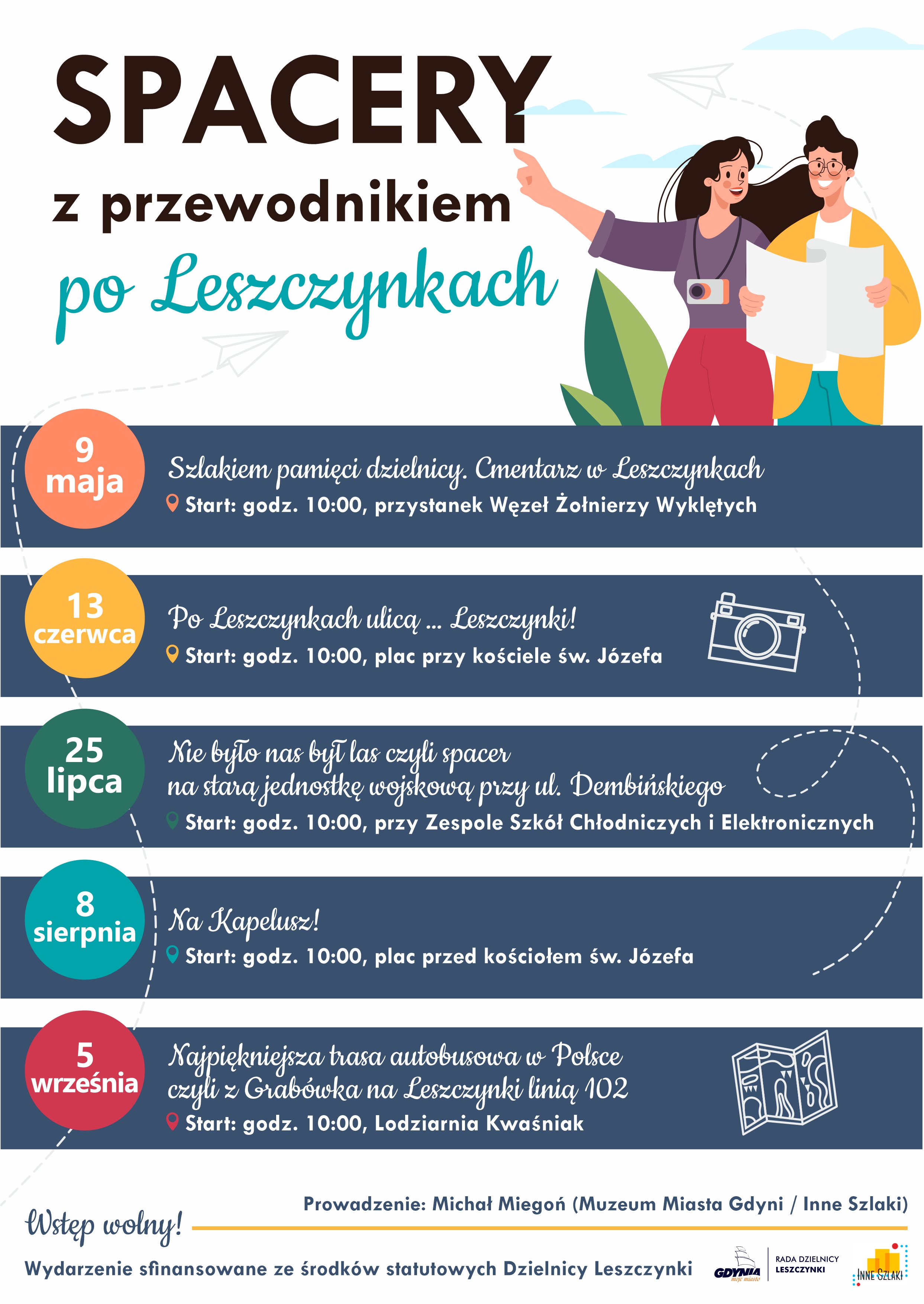 Plakat z harmonogramem spacer&oacute;w po Leszczynkach.