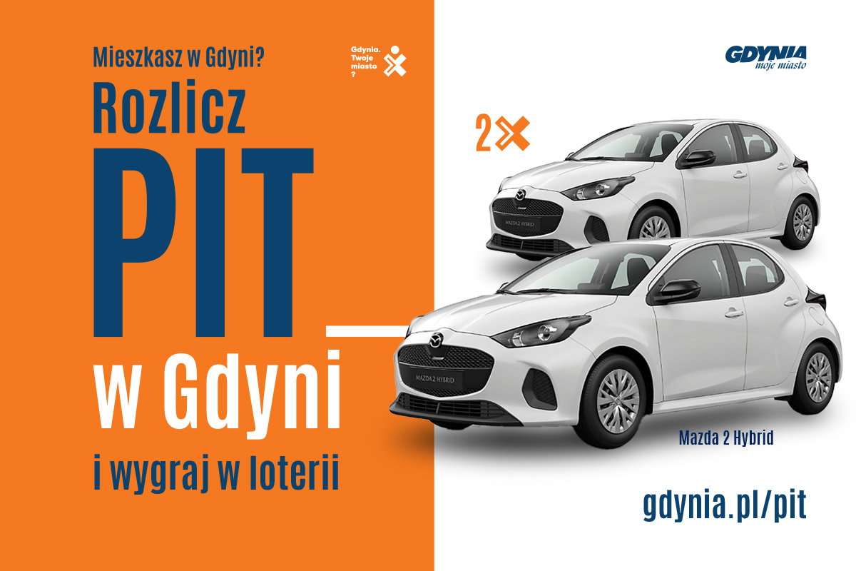 Plansza graficzna, tło z kolorem pomarańczowym i białym, dwa białe samochody osobowe, napisy "Mieszkasz w Gdyni? Rozlicz PIT w Gdyni i wygraj w loterii"