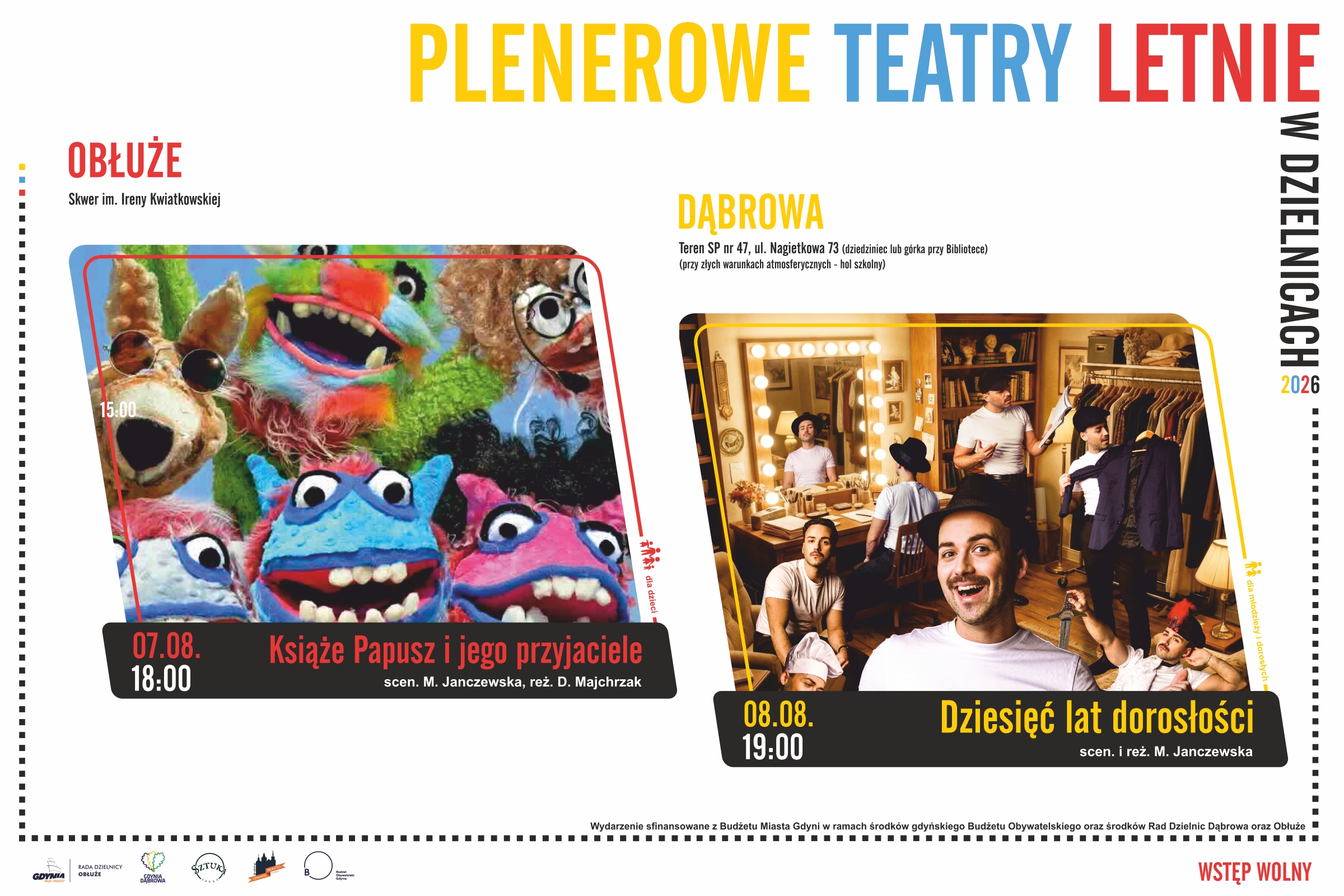 Kolaż zdjęć ze spektakli w ramach Teatr&oacute;w plenerowych.
