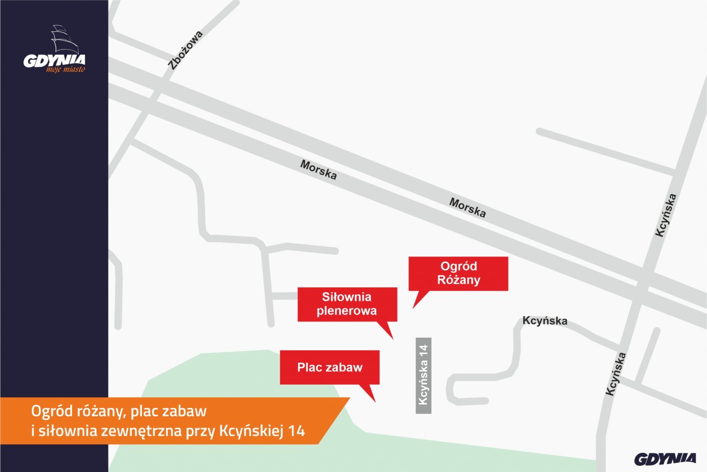 schemat, mapa z zaznaczonym placem zabaw, siłownią i ogrodem r&oacute;żanym