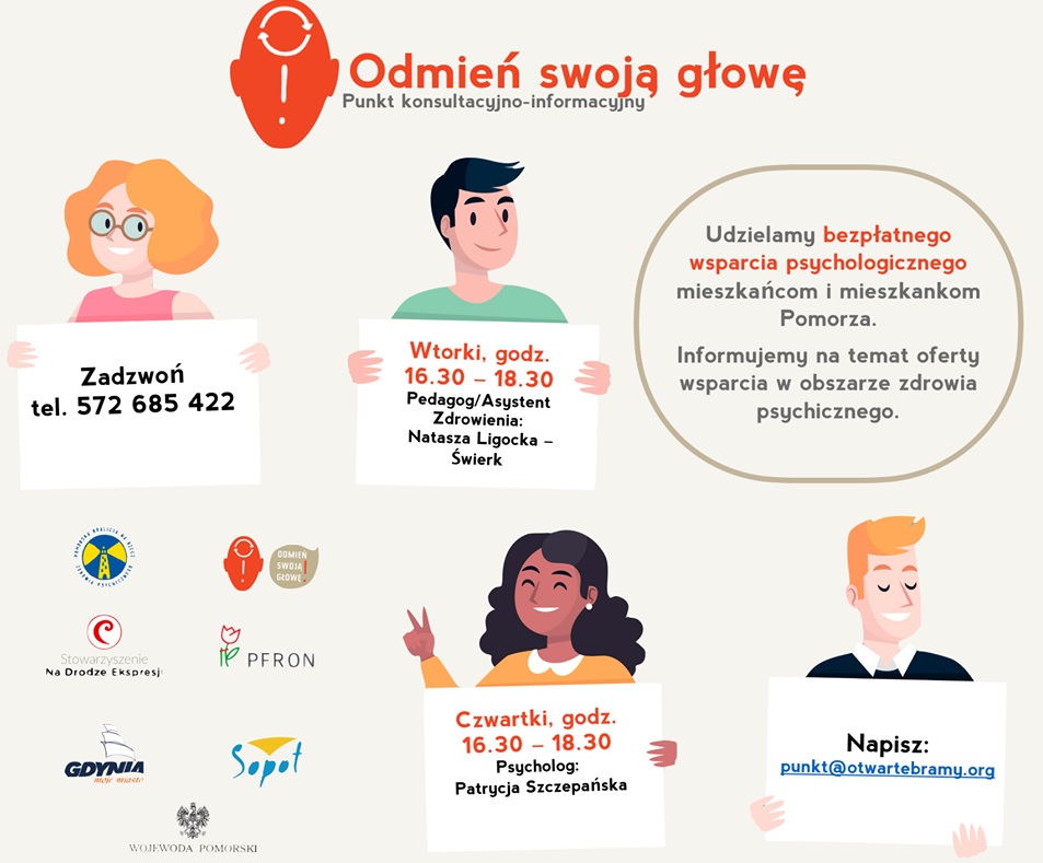 Grafika kampanii "Odmień swoją głowę" informująca o bezpłatnych konsultacjach psychologicznych // fot. materiały prasowe