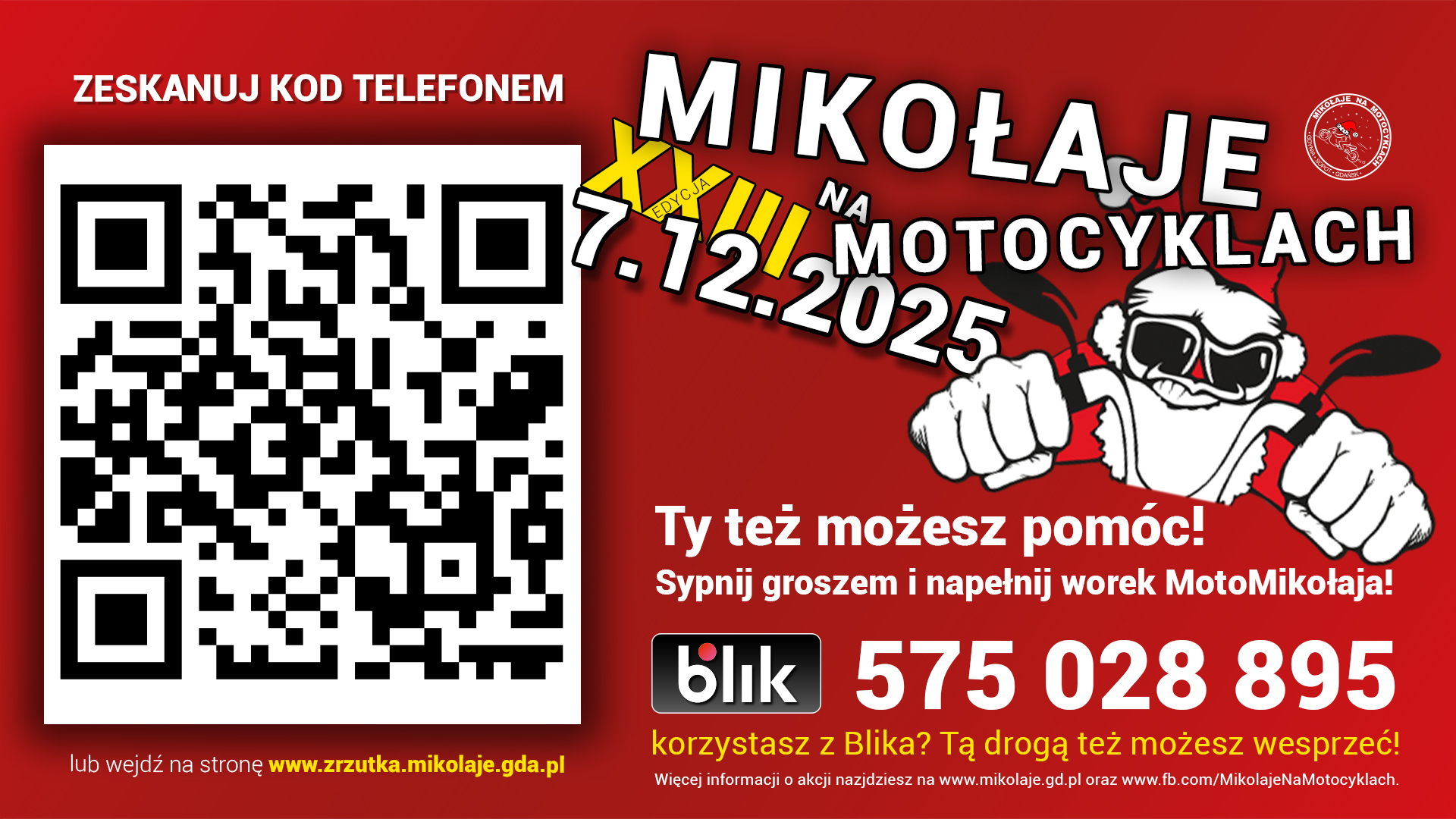 Plakat z informacjami o akcji Mikołąje na Motocyklach i kodem QR do wpłaty darowizny