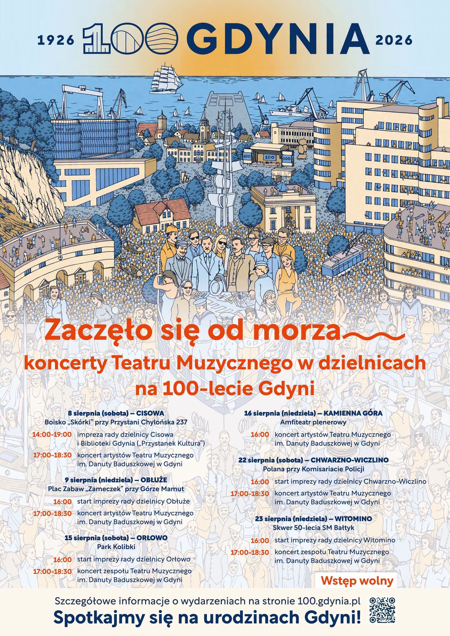 Plakat z repertuarem koncert&oacute;w artyst&oacute;w z Teatru Muzycznego w Gdyni w dzielnicach.