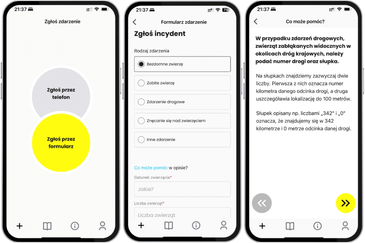 Trzy zrzuty ekranu telefonu: Zgłoś zdarzenie, zgłoś incydent, co może pom&oacute;c