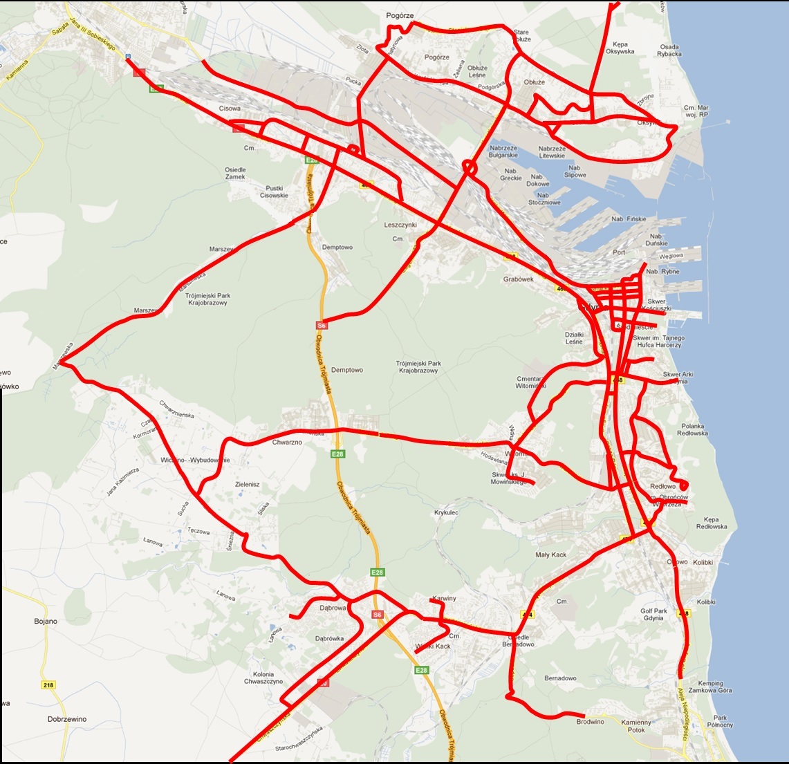 Mapa z zaznaczonymi najważniejszymi drogami