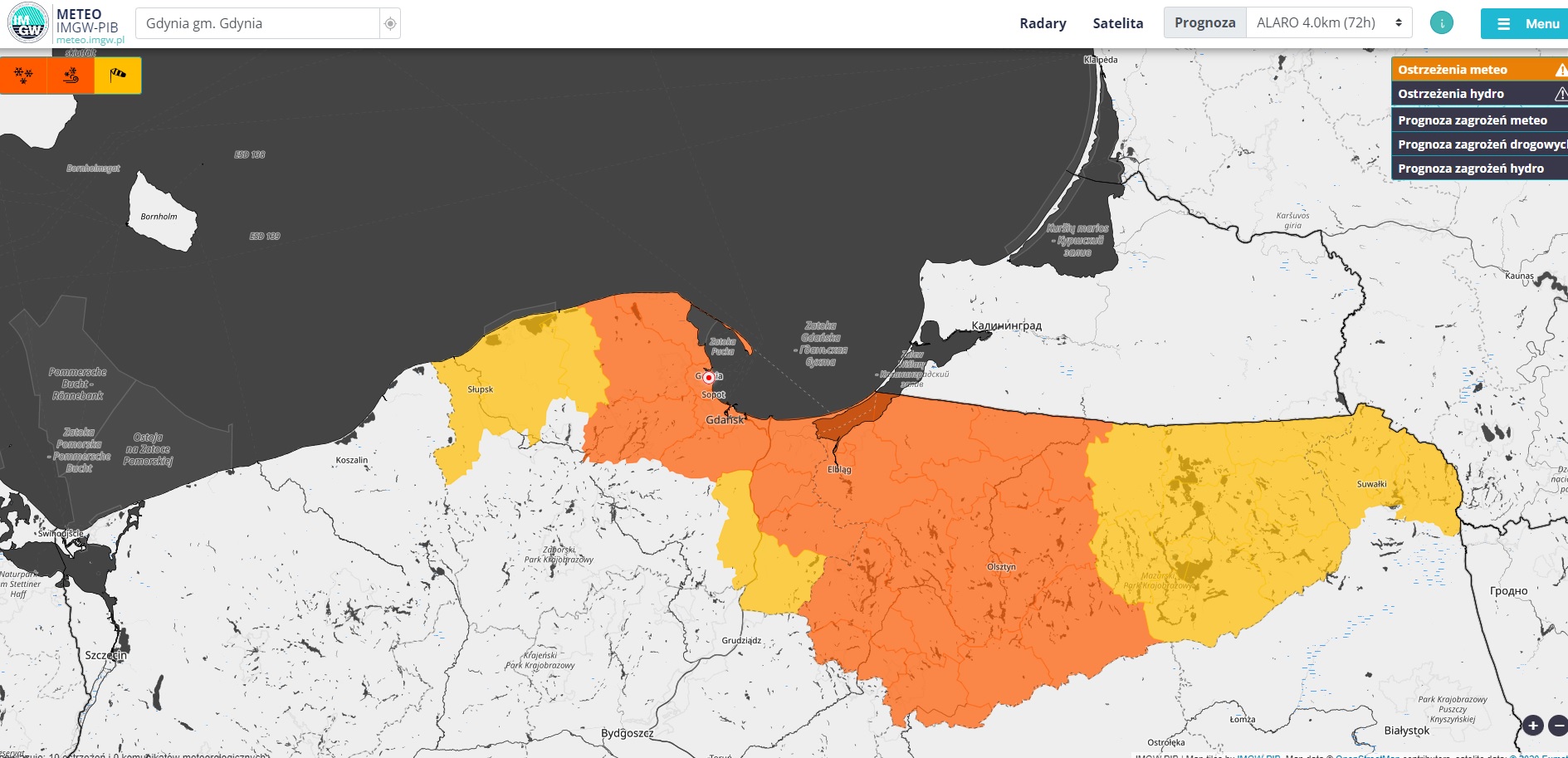 Ostrzeżenie meteorologiczne przed trudnymi warunkami pogodowymi w Gdyni. Grafika IMGW