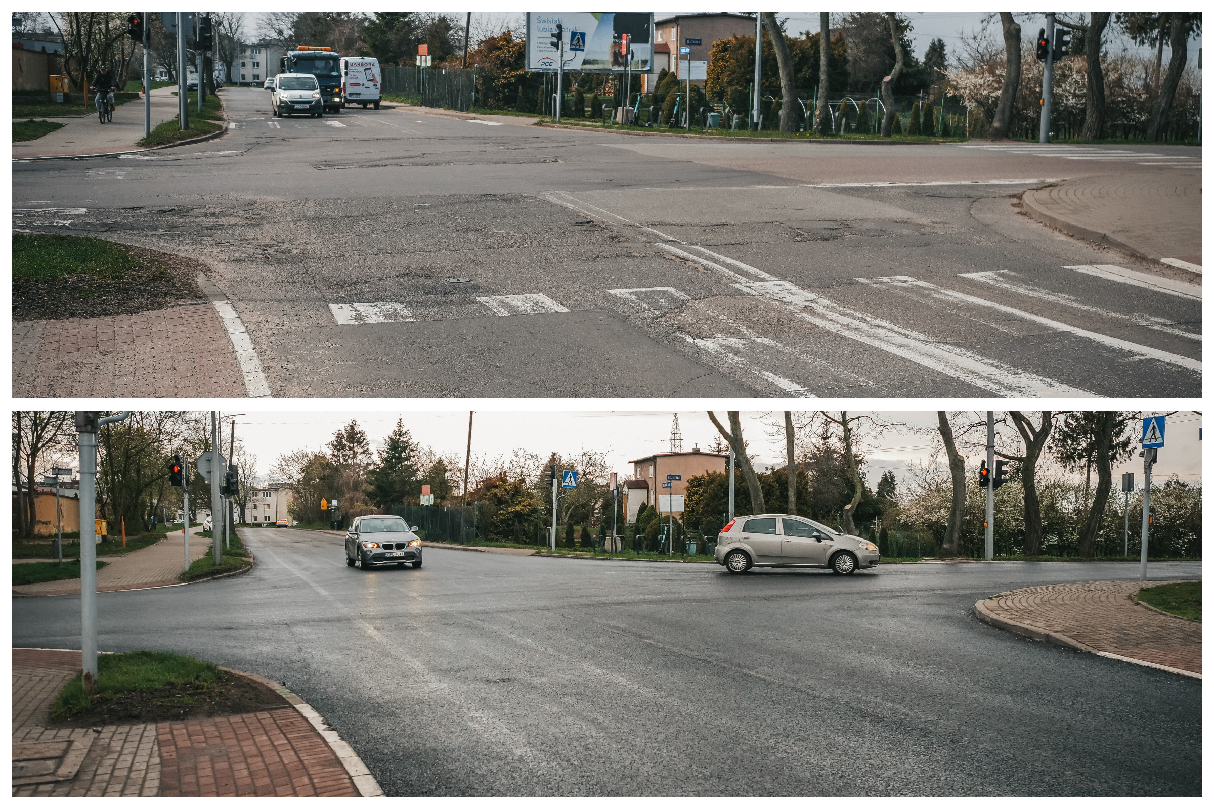 kolaż zdjęć przedstawiający skrzyżowanie. Z g&oacute;ry stan nawierzchni przed remontem, na dole stan nawierzchni po remoncie