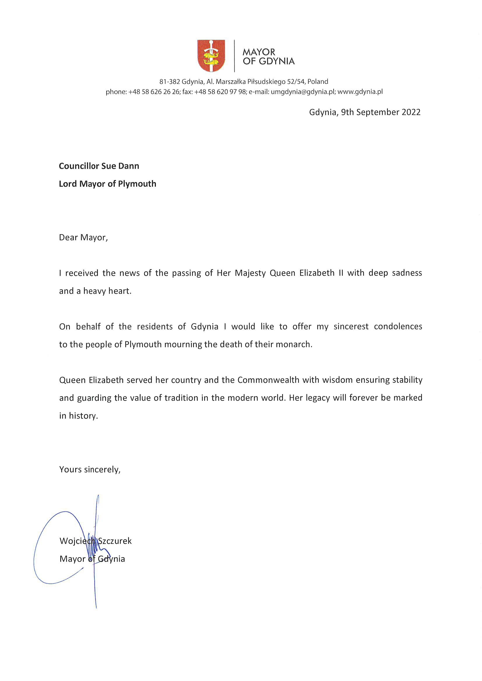 Kondolencje od prezydenta Gdyni do Sue Dann