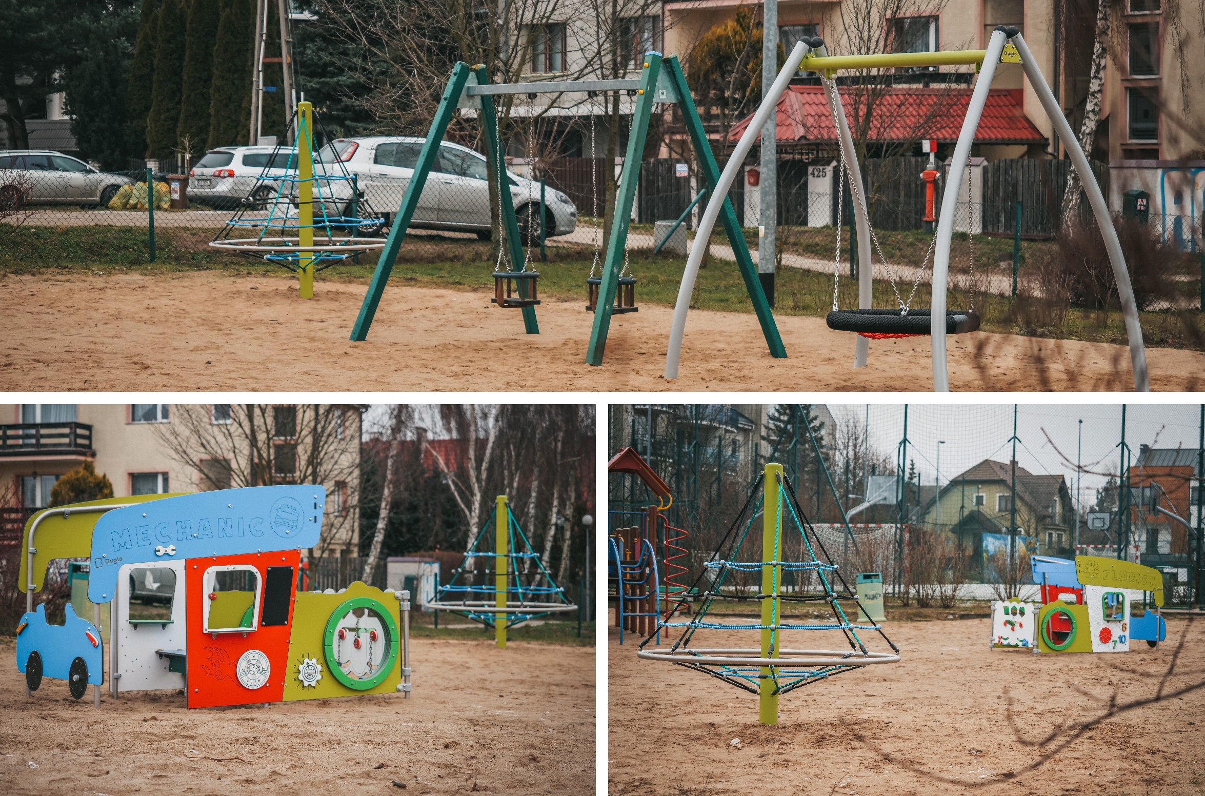 kolaż zdjęć, widoczne huśtawki, urządzenie zabawowe, linarium
