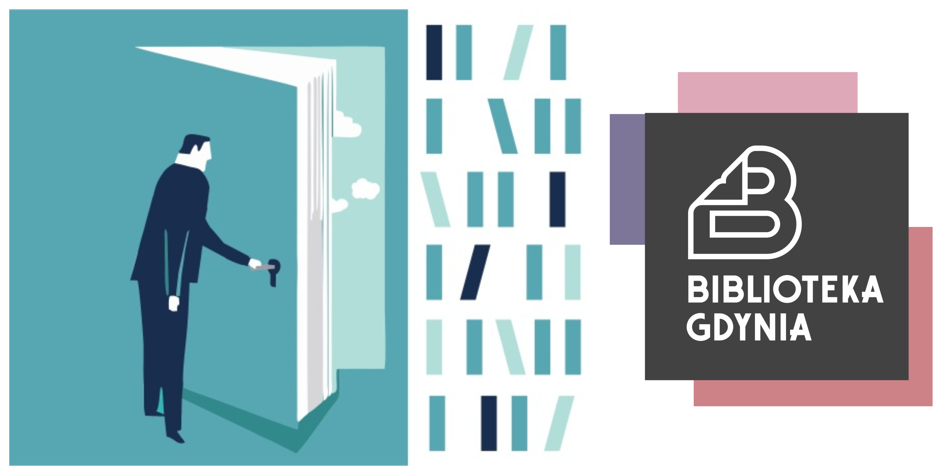 Grafika przedstawiająca czytelnika wchodzącego do biblioteki i logo Biblioteki Gdynia. Źr&oacute;dło: Archiwum Biblioteki Gdynia