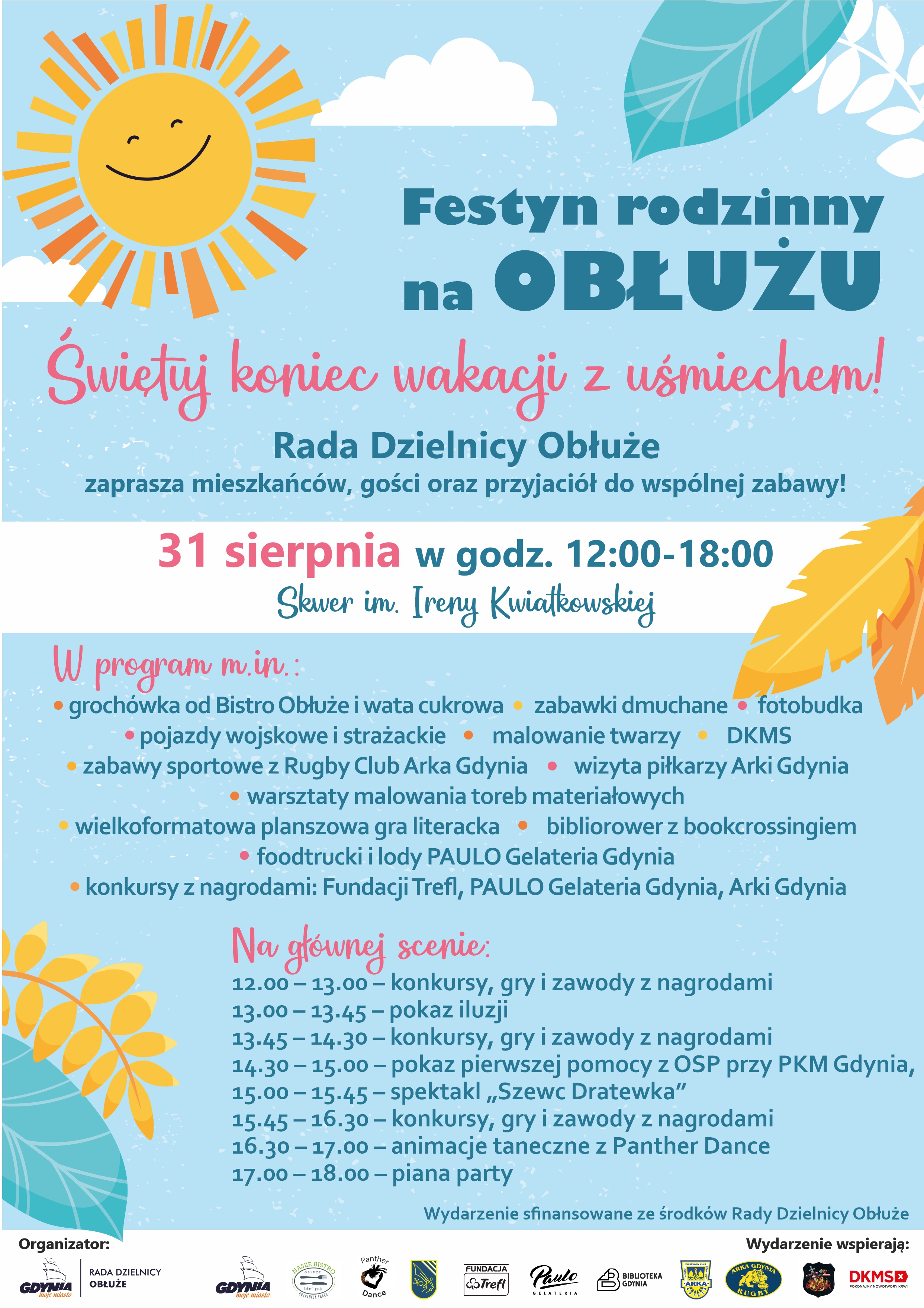 plakat z usmiechnietym słoneczkiem i harmonogramem Festynu Rodzinnego na Obłużu