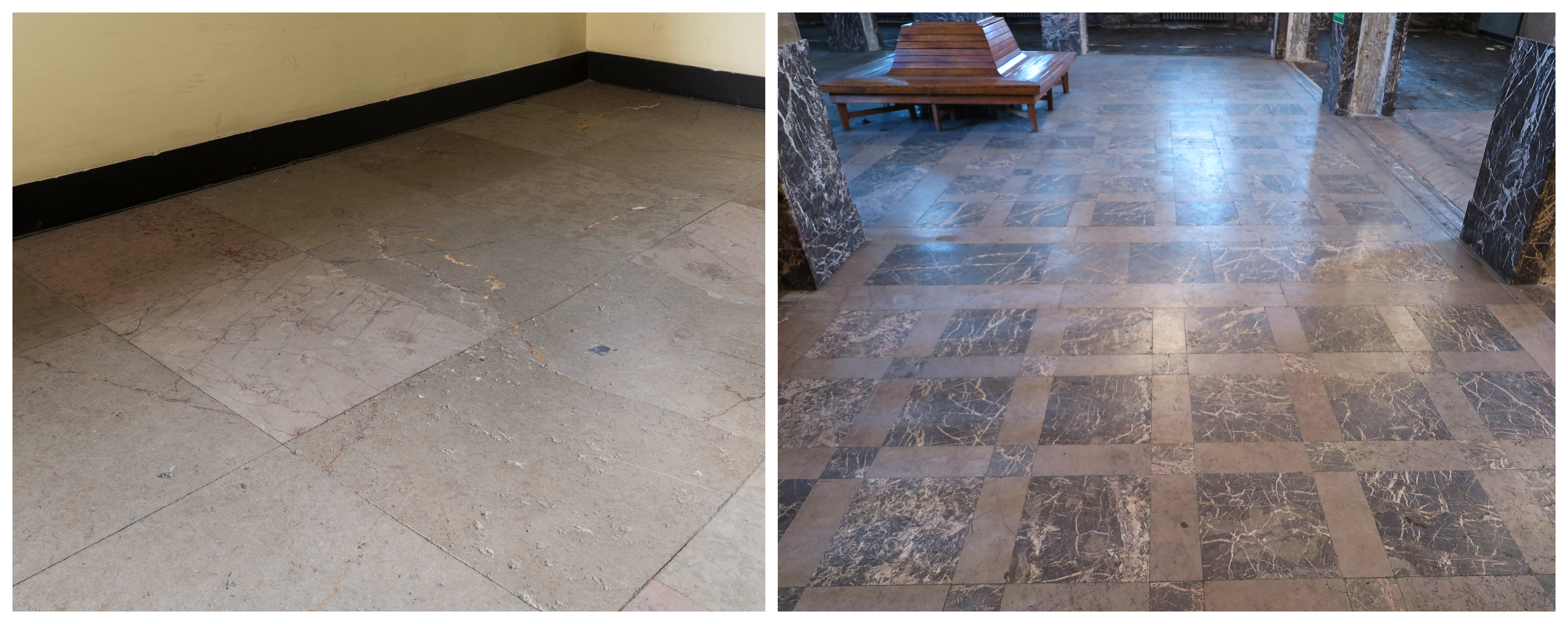 Posadzka w budynku ZUS, ob. Urząd Miasta, przy ul. 10 Lutego 24, płyty z beżowego i r&oacute;żowego wapienia kieleckiego; Posadzka w budynku Banku Polskiego przy ul. 10 Lutego 20-22, posadzka z wapienia Morawica oraz brunatnego wapienia kieleckiego.