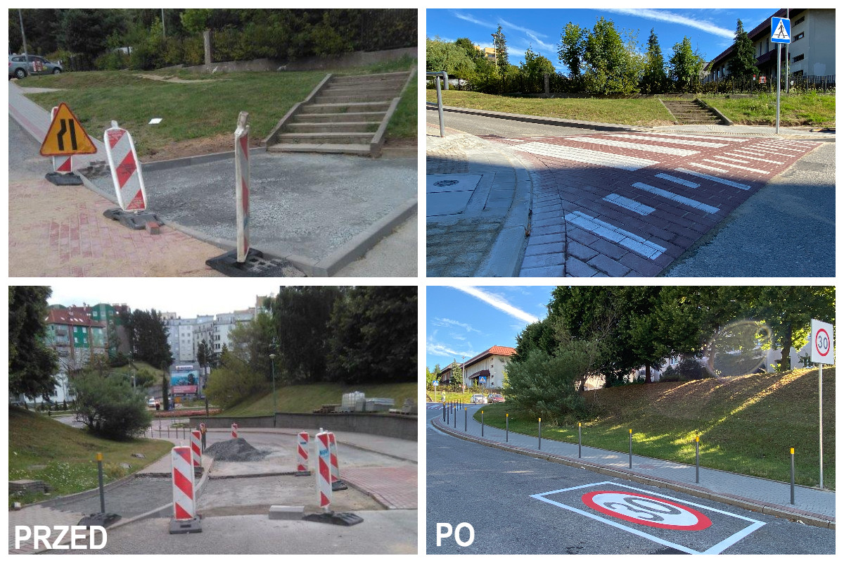 Ulica Chwaszczyńska podczas rob&oacute;t, rozkopona jednia i znaki ostrzegawcze. Obok na zdjęciu znak poziomy z napisem Strfa tempo 30 km/h oraz wyniesione przejście dla pieszych // fot. ZDiZ