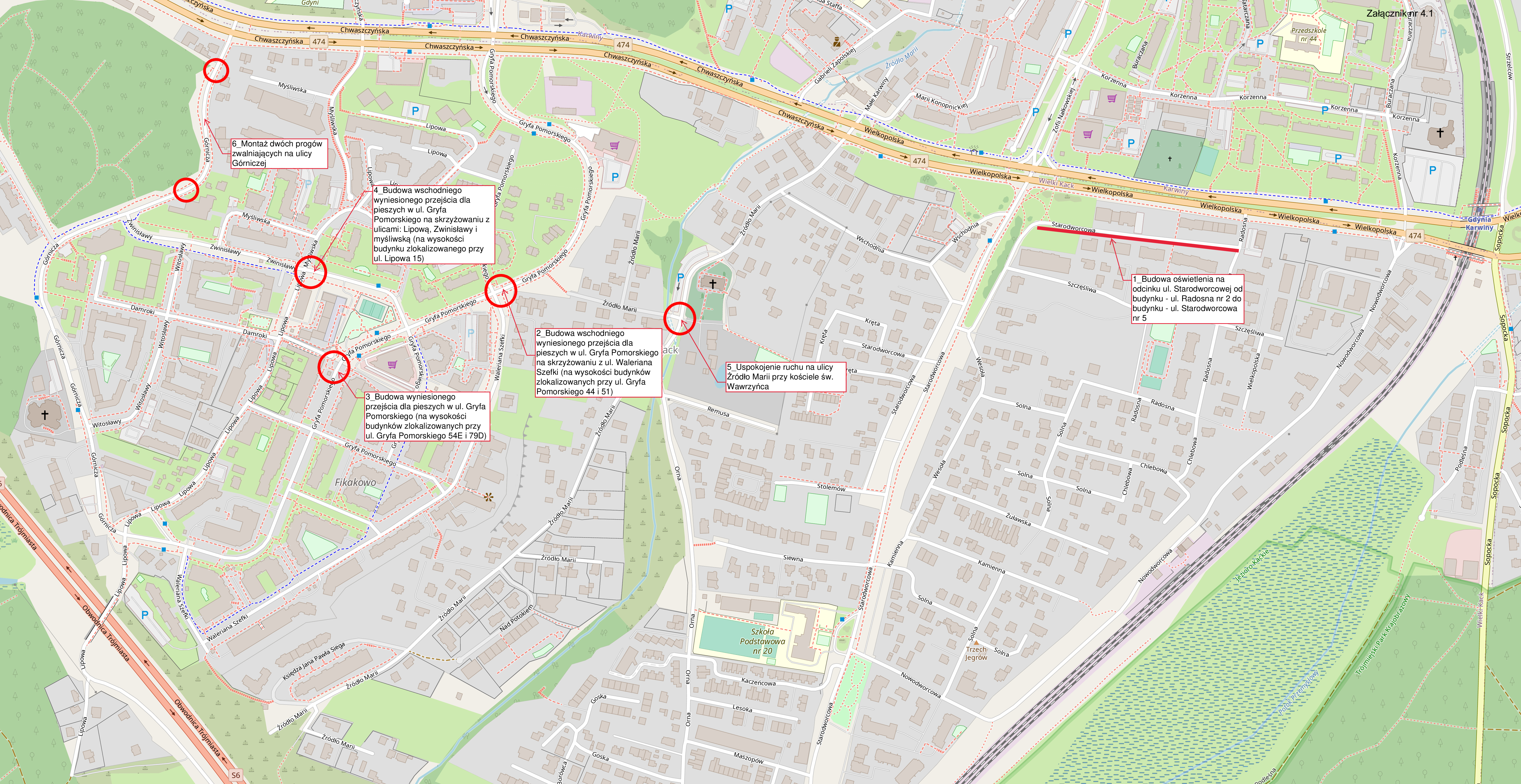 lokalizacje sześciu inwestycji na terenie Wielkiego Kacka, mat.prasowe