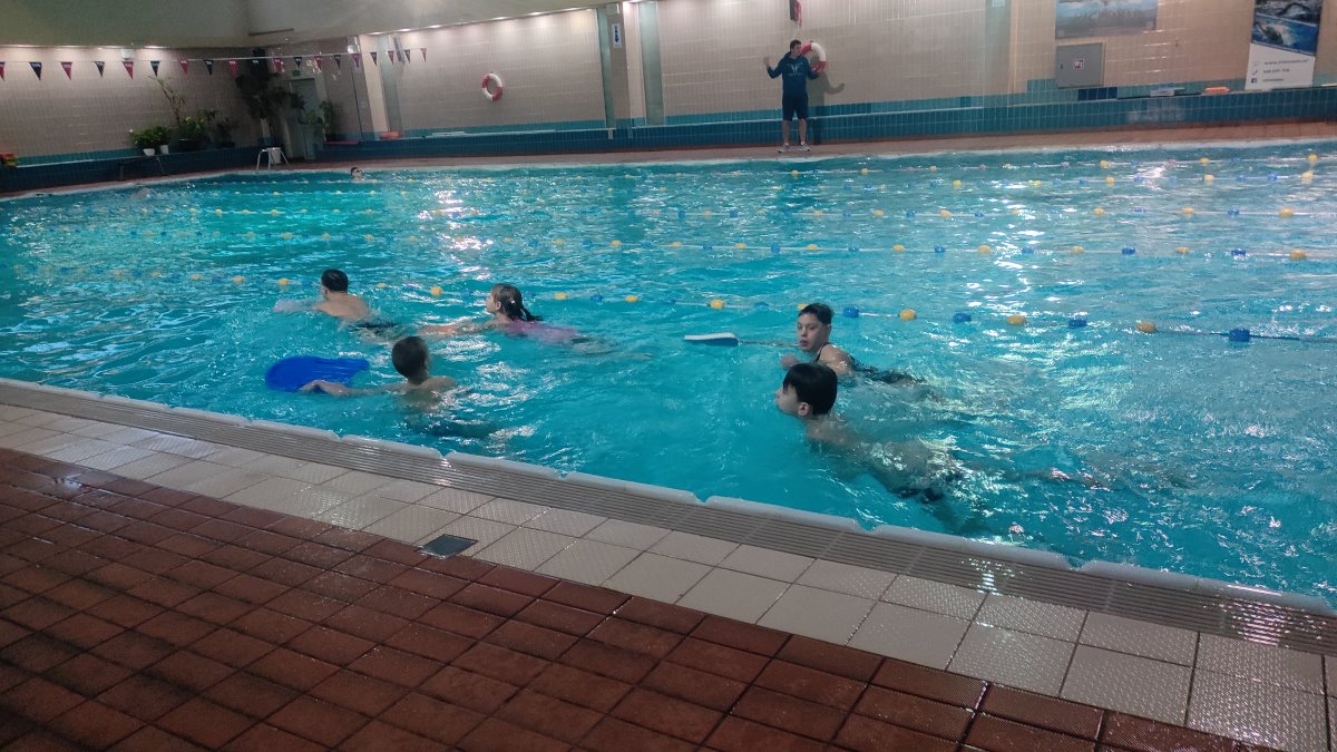 Zdjęcie pokazuje grupę dzieci podczas, organizowanych przez klub RKS Gdynia, zajęć pływackich na basenie.