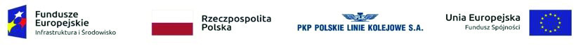 belka z logotypami funduszy europejskich z gwiazdkami, flagi Polski, PKP oraz Unii Europejskiej z ż&oacute;łtymi gwiazdkami w okręgu na granatowym tle