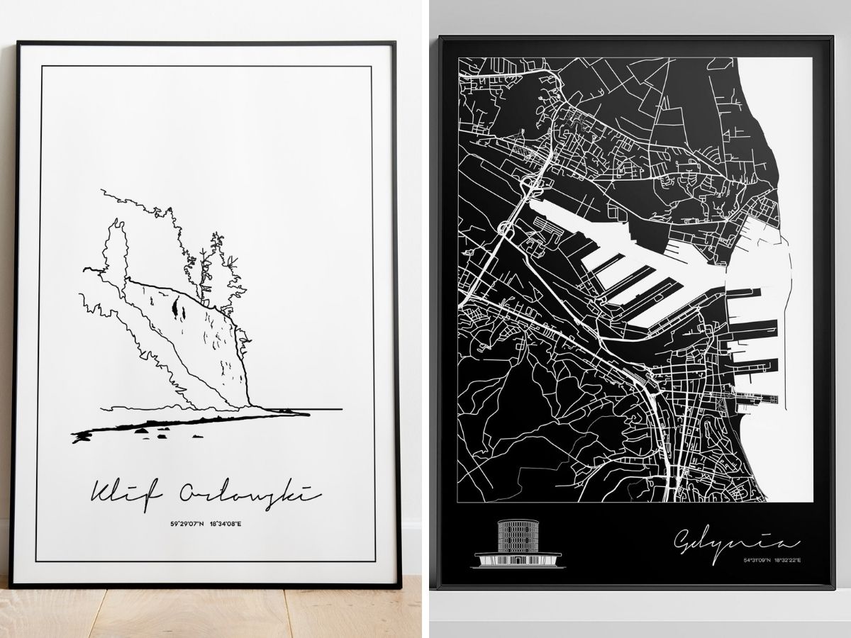 Kolaż plakat&oacute;w autorstwa Peszkowski Design. Plakat po lewej: na biały tle, cienką, czarną kreską narysowany jest kontur Klifu Orłowskiego. Po prawej, na czarnym tle, jest biały kontur mapy Gdyni, z widocznymi wodami portowymi.