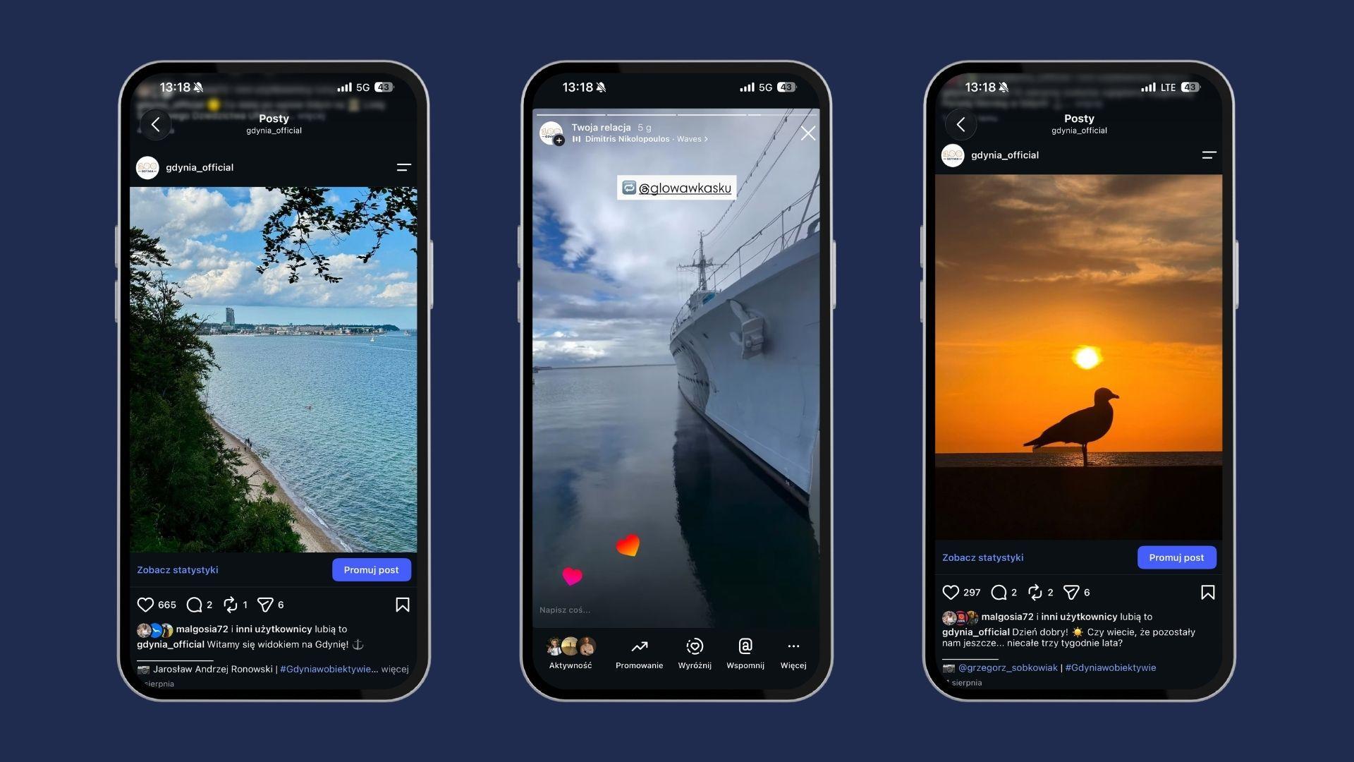 Zrzuty ekranu post&oacute;w ze zdjęciami z facebookowej grupy &bdquo;Gdynia w obiektywie&rdquo;, opublikowanych na oficjalnym profilu Gdyni na Instagramie.