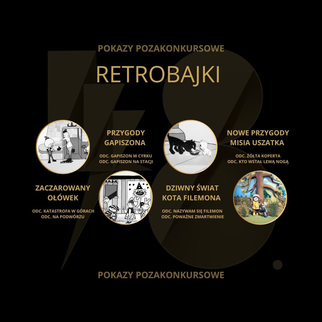 Pokazy pozakonkursowe Retrobajko: &bdquo;Zaczarowany Oł&oacute;wek&rdquo; &ndash; odc. &bdquo;Katastrofa w g&oacute;rach&rdquo;, odc. &bdquo;Na podw&oacute;rzu&rdquo;, &bdquo;Przygody Gapiszona&rdquo; &ndash; odc. &bdquo;Gapiszon w cyrku&rdquo;, odc. &bdquo;Gapiszon na stacji&rdquo;, &bdquo;Dziwny świat kota Filemona&rdquo; - odc. &bdquo;Nazywam się Filemon&rdquo;, odc. &bdquo;Poważne zmartwienie&rdquo;, &bdquo;Nowe przygody Misia Uszatka&rdquo; &ndash;odc. &bdquo;Ż&oacute;łta koperta&rdquo;, odc. &bdquo;Kto wstał lewą nogą&rdquo;