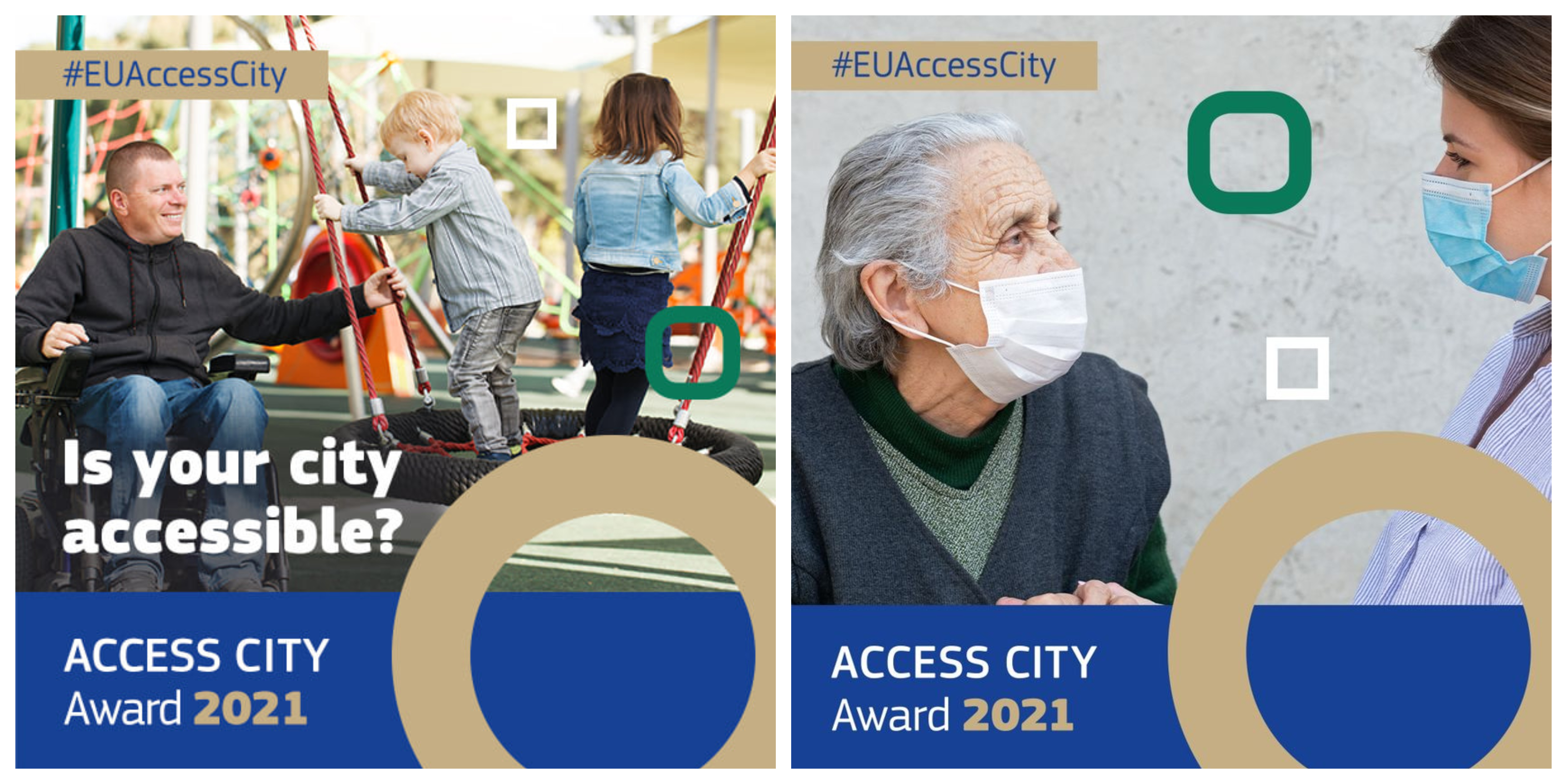 Kolaż zdjęć: mężczyzna z niepełnosprawnością na w&oacute;zku bawi się na placu zabaw z dzieckiem; seniorka w maseczce ochronnej rozmawia z młodą kobietą w maseczce. Źr&oacute;dło: Access City Award
