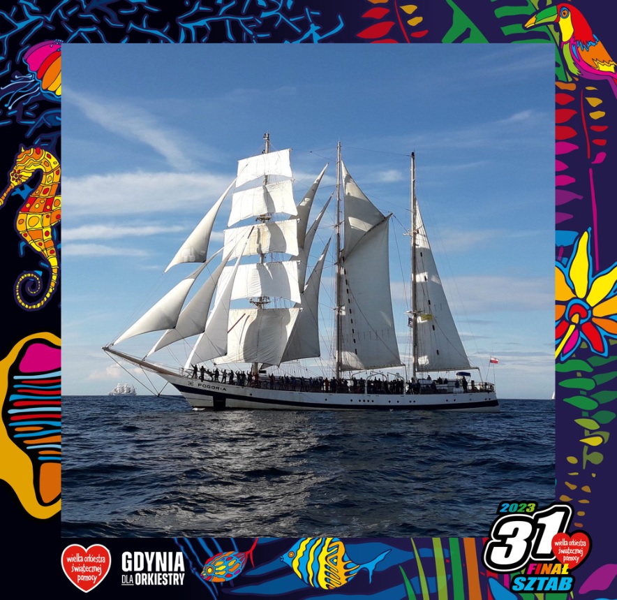 Grafika promująca licytację na rzecz WOŚP - rejs żaglowcem STS &bdquo;Pogoria&rdquo; // materiały sztabu Gdynia dla Orkiestry
