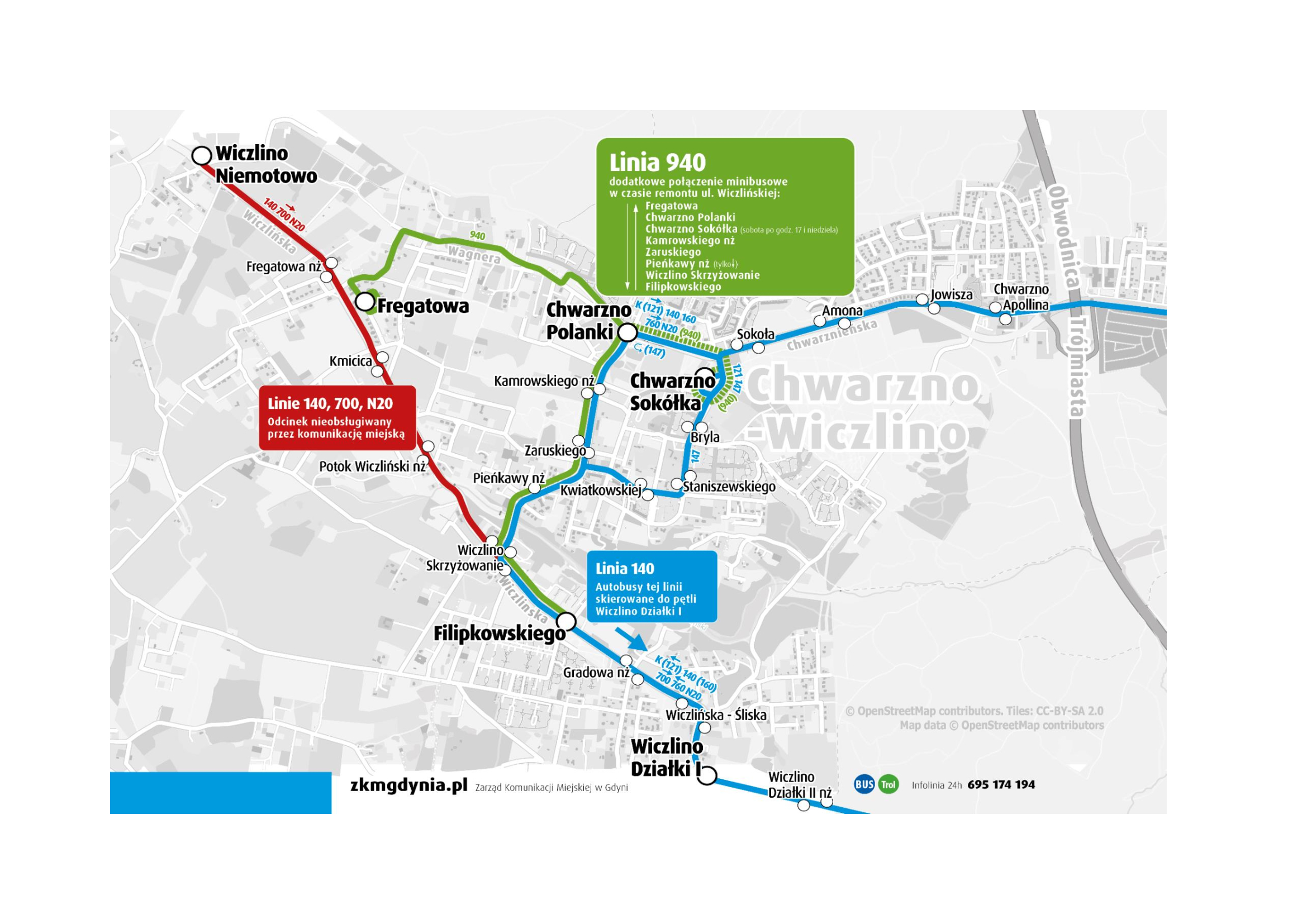 mapa linii  ZKM na obszarze Chwarzna - Wiczlina, w tym linii zastępczej 940, mat. ZKM Gdynia. 