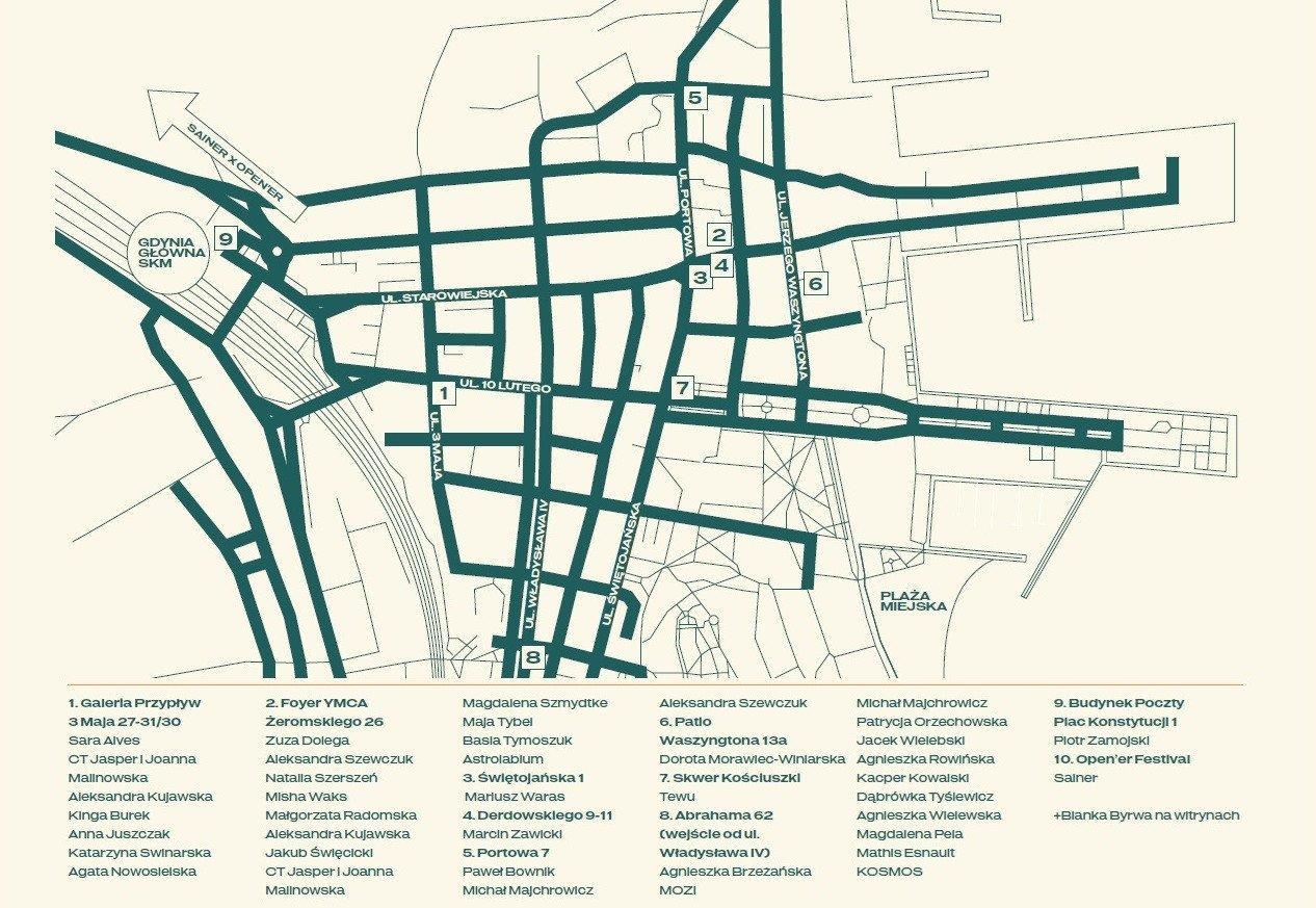 Mapa z zaznaczonymi miejscami festiwalu Sny o Gdyni