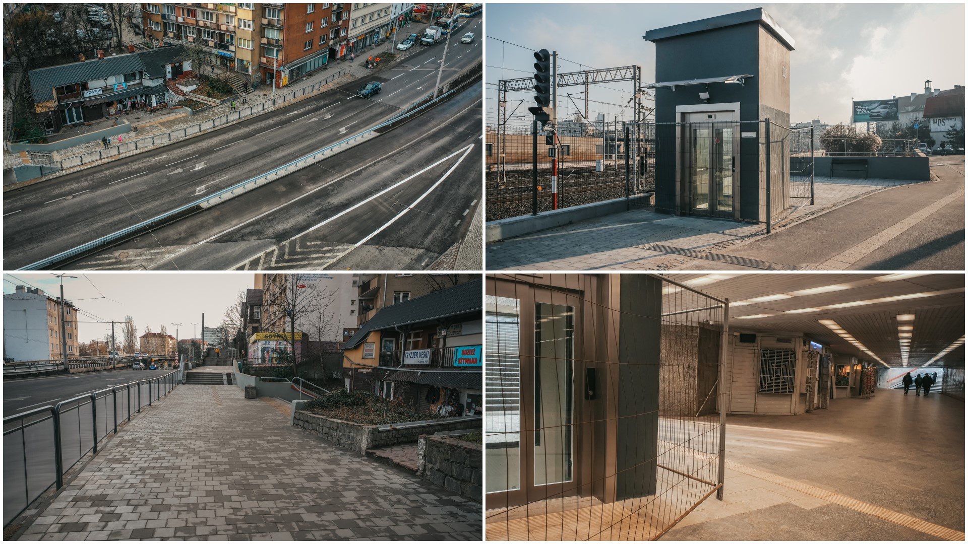 Kolaż zdjęć przedstawiający zabezpieczoną konstrukcję tunelu oraz wybudowaną windę. Fot. M. Mielewski