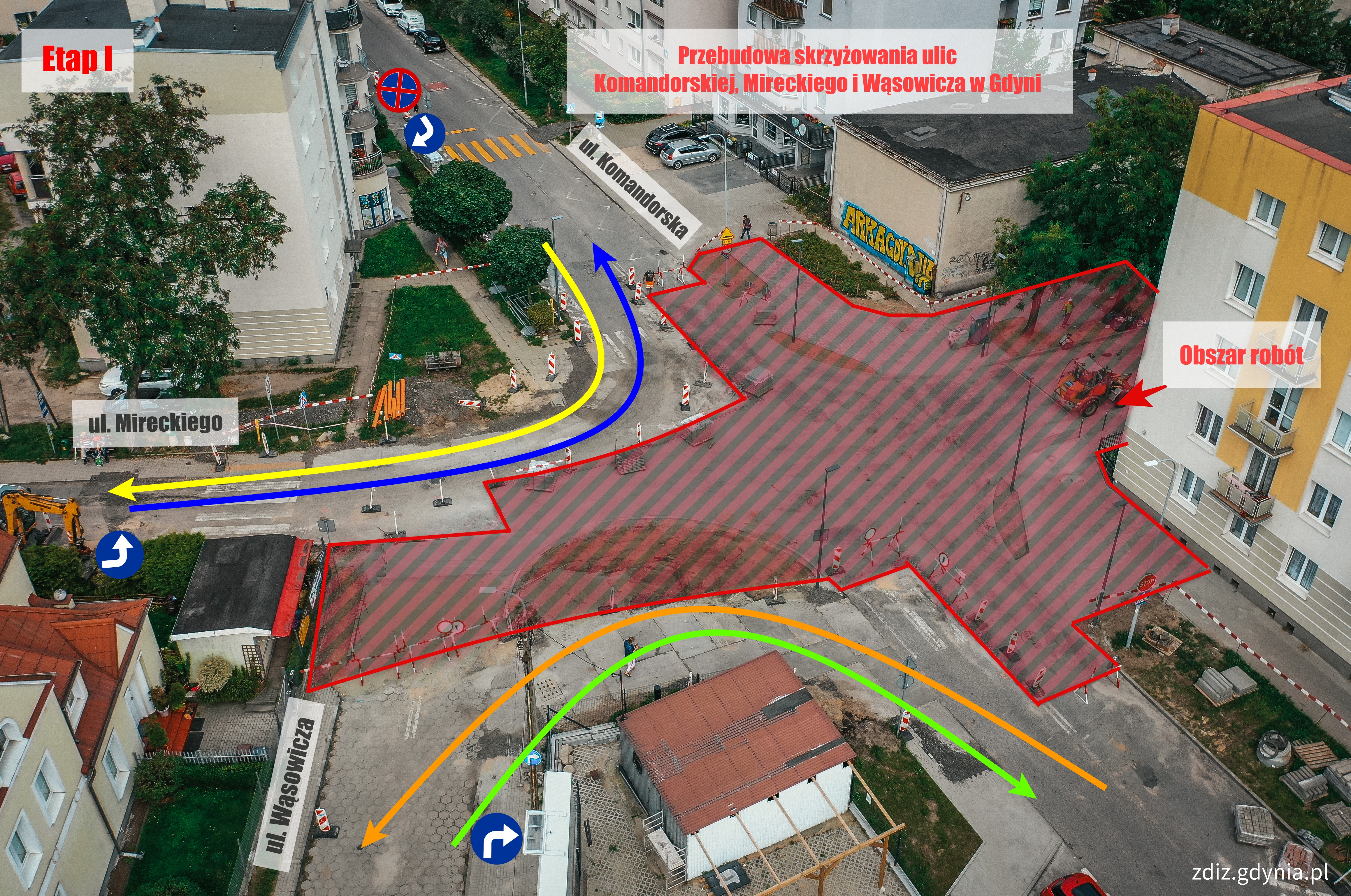 skrzyżowanie widoczne z g&oacute;ry z zaznaczonumi zmianami w ogranizacji ruchu