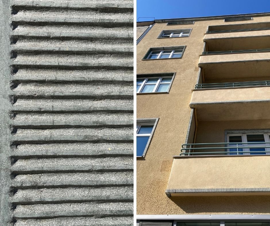 Zestawienie tynk&oacute;w na budynku przy ul. Świętojańskiej 46. Po lewej rowkowany zielony tynk szlachetny parteru, po prawej wyższe kondygnacje budynku wykończone beżowo-ż&oacute;łtym tynkiem o r&oacute;żnej strukturze. Fot. Biuro Miejskiego Konserwatora Zabytk&oacute;w