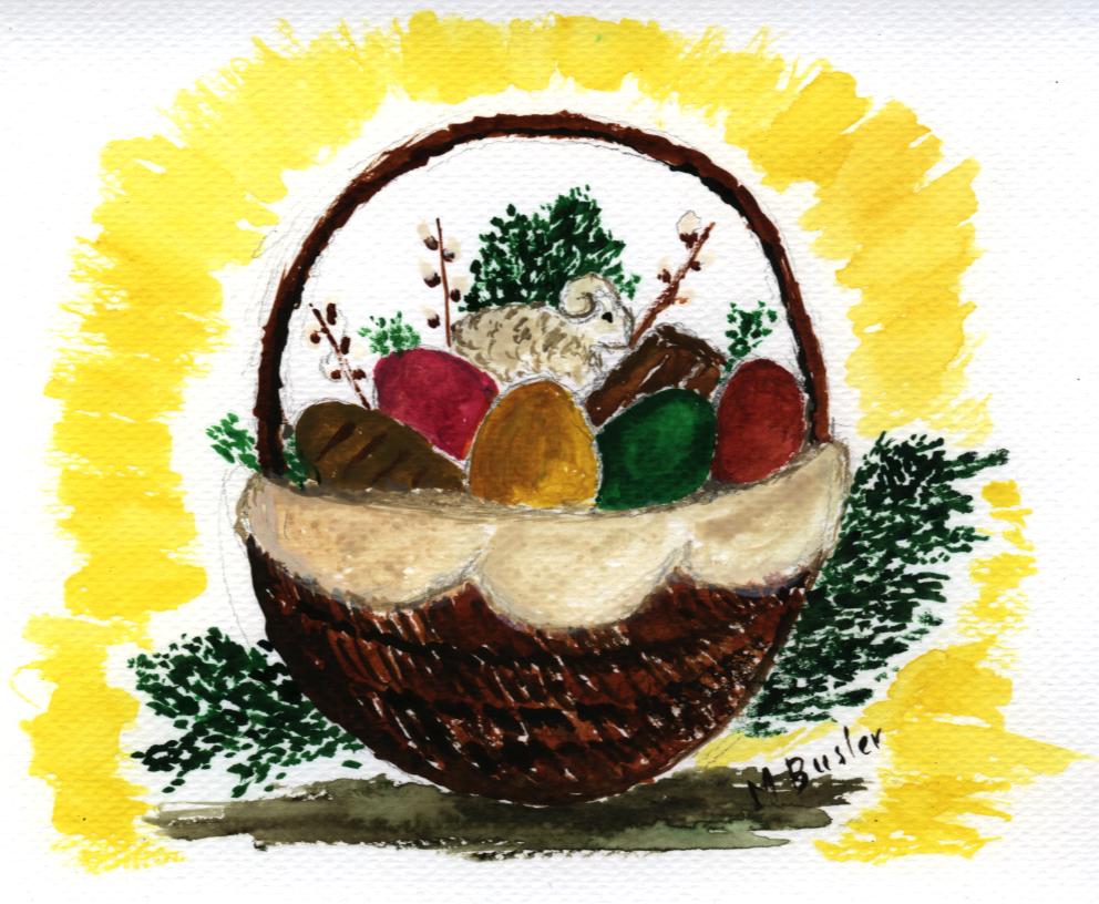 Rysunek koszyczka wielkonocnego z pisankami i barankiem