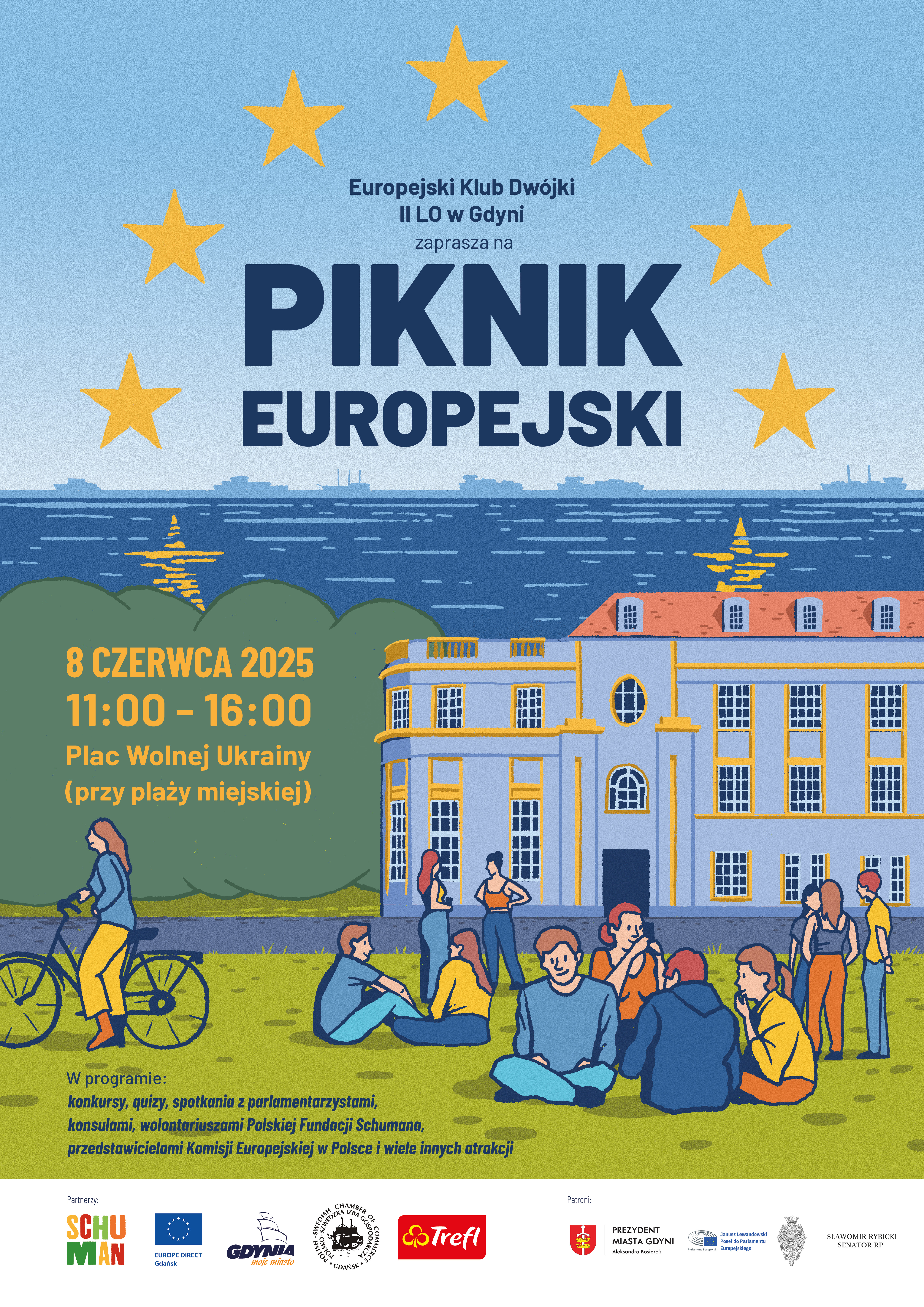 na grafice budynek klubu MW, młodzi ludzie i napis Piknik Europejski