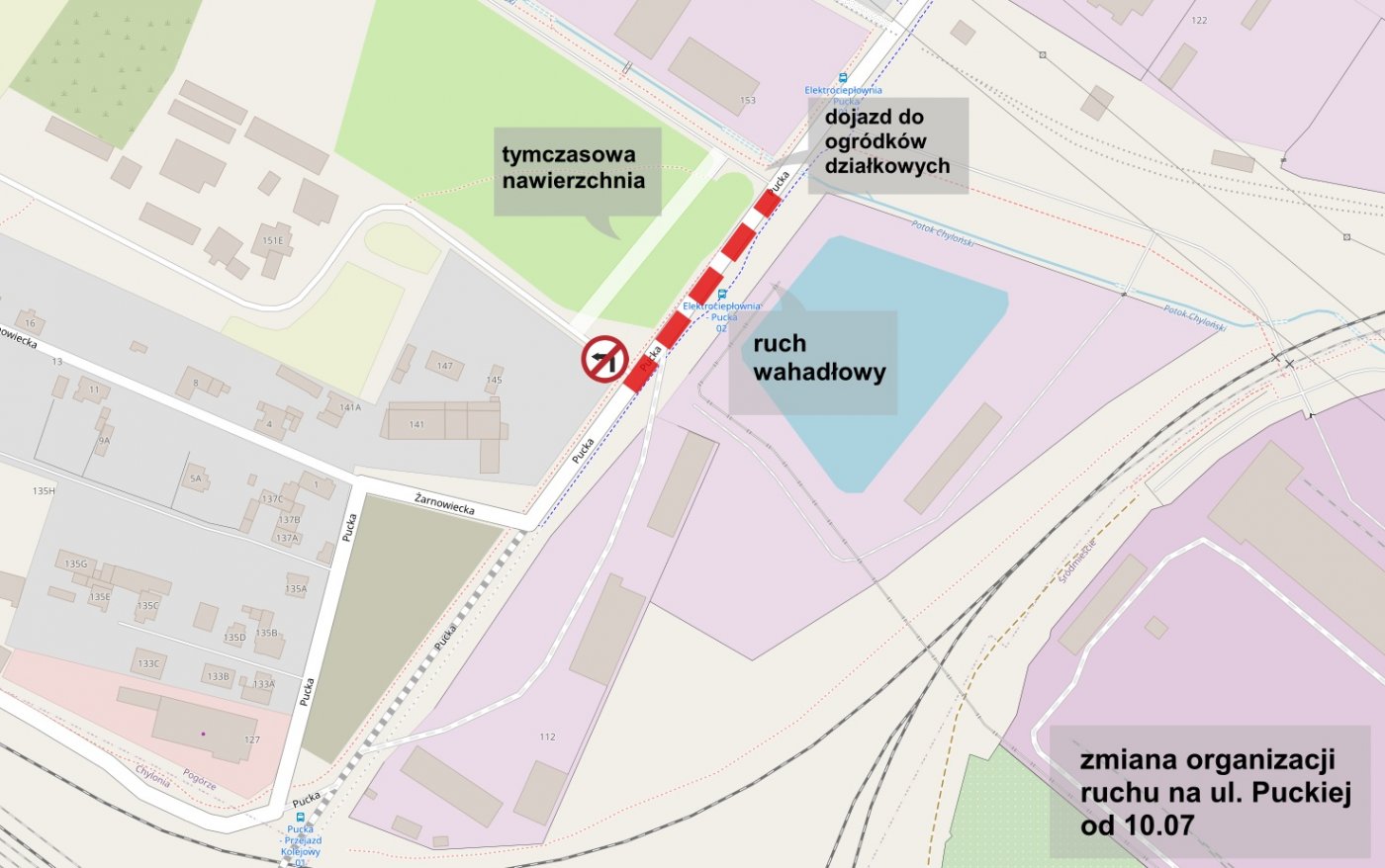 zmiana organizacji ruchu na ul. Puckiej// źr&oacute;dło: OpenStreetMap, ZDIZ Gdynia