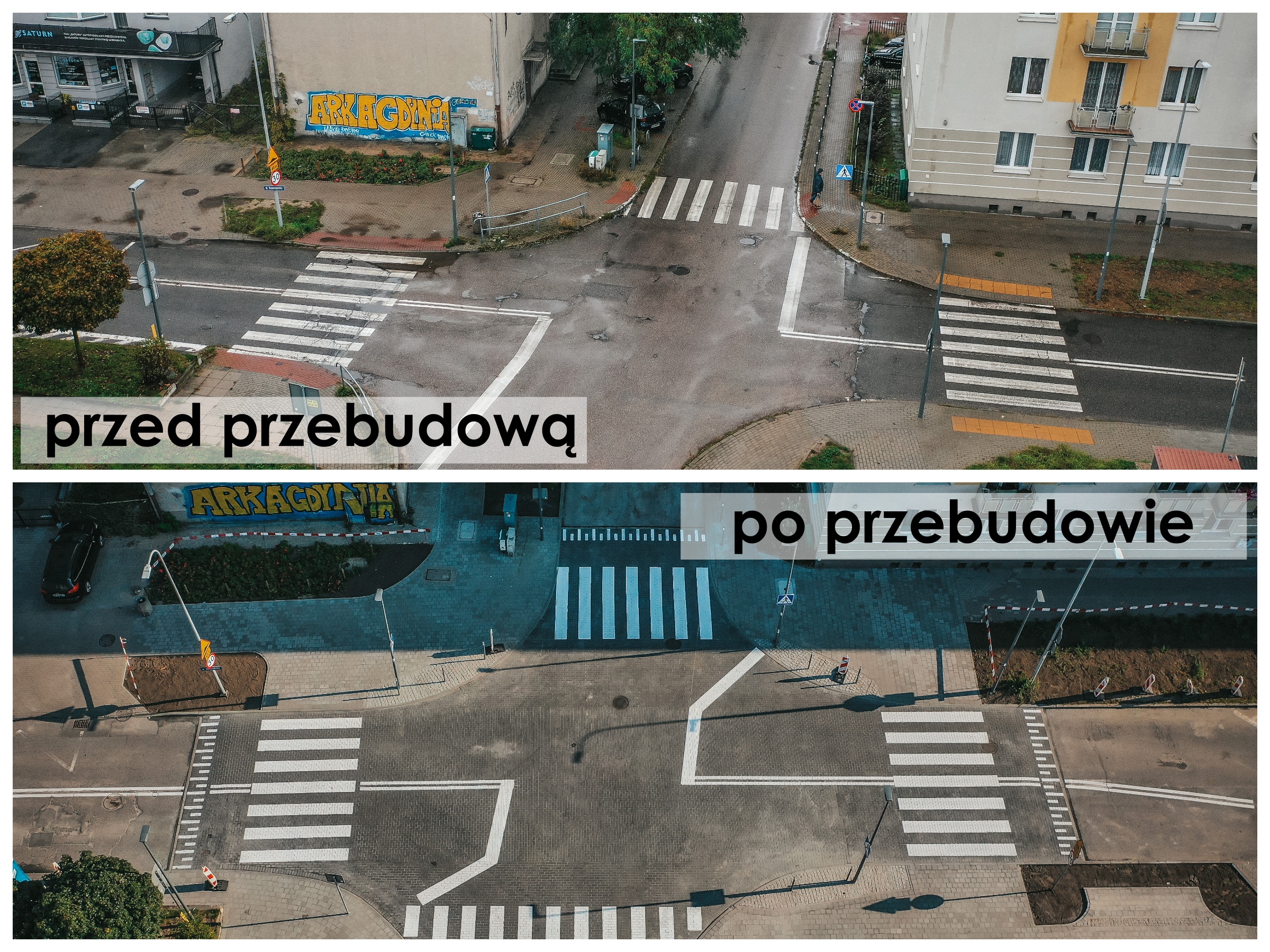 kolaż zdjęć przedstawiający skrzyżowanie przed remontem i  po remoncie