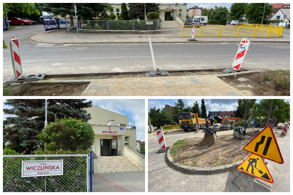 Prace przy wyniesionym przejściu dla pieszych przy szkole na Dąbrowie // fot. ZDiZ