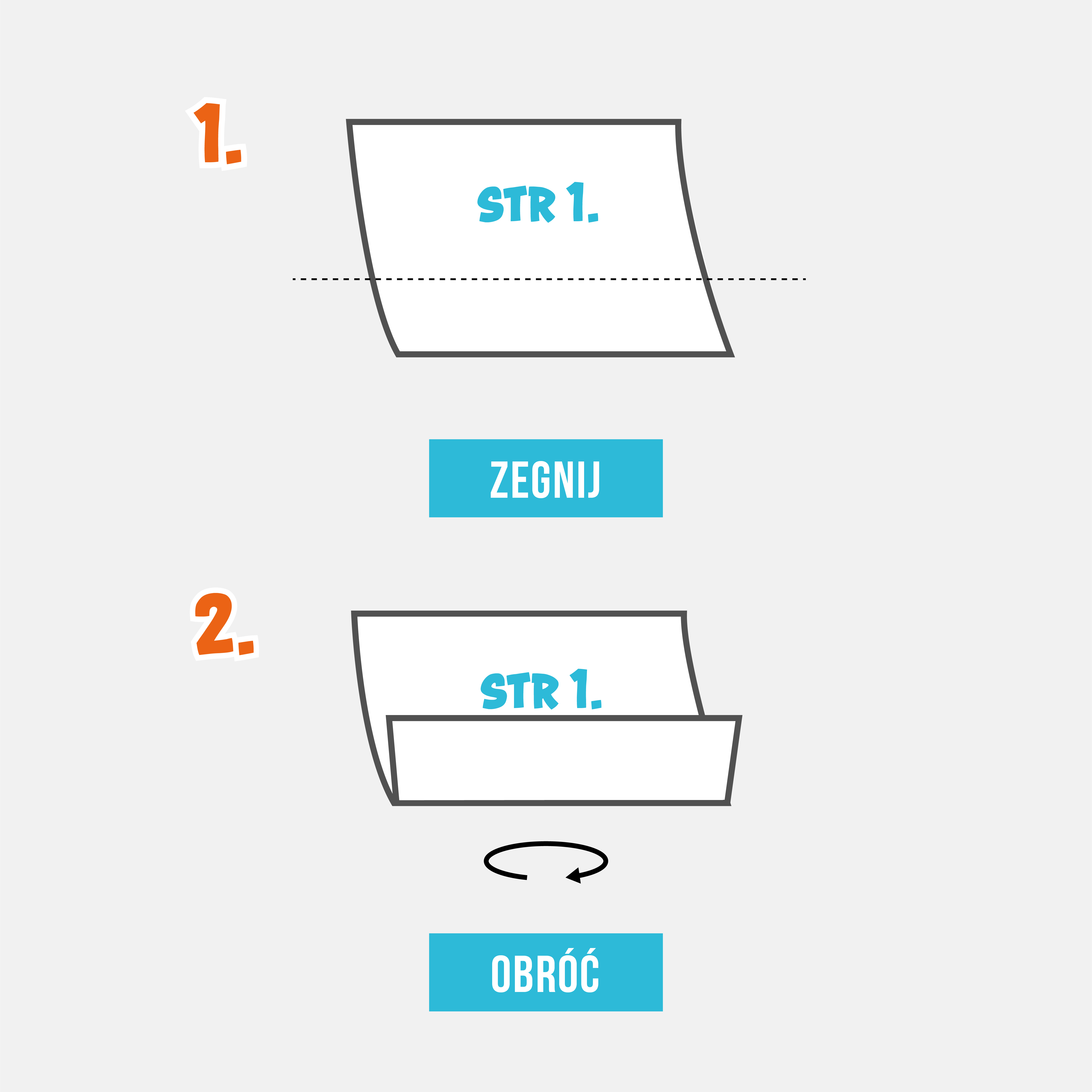 Krok 1 i 2 robienia torebki z papieru.  Kartkę gazety zegnij ⅓ od spodu. Obr&oacute;ć papier na drugą stronę.