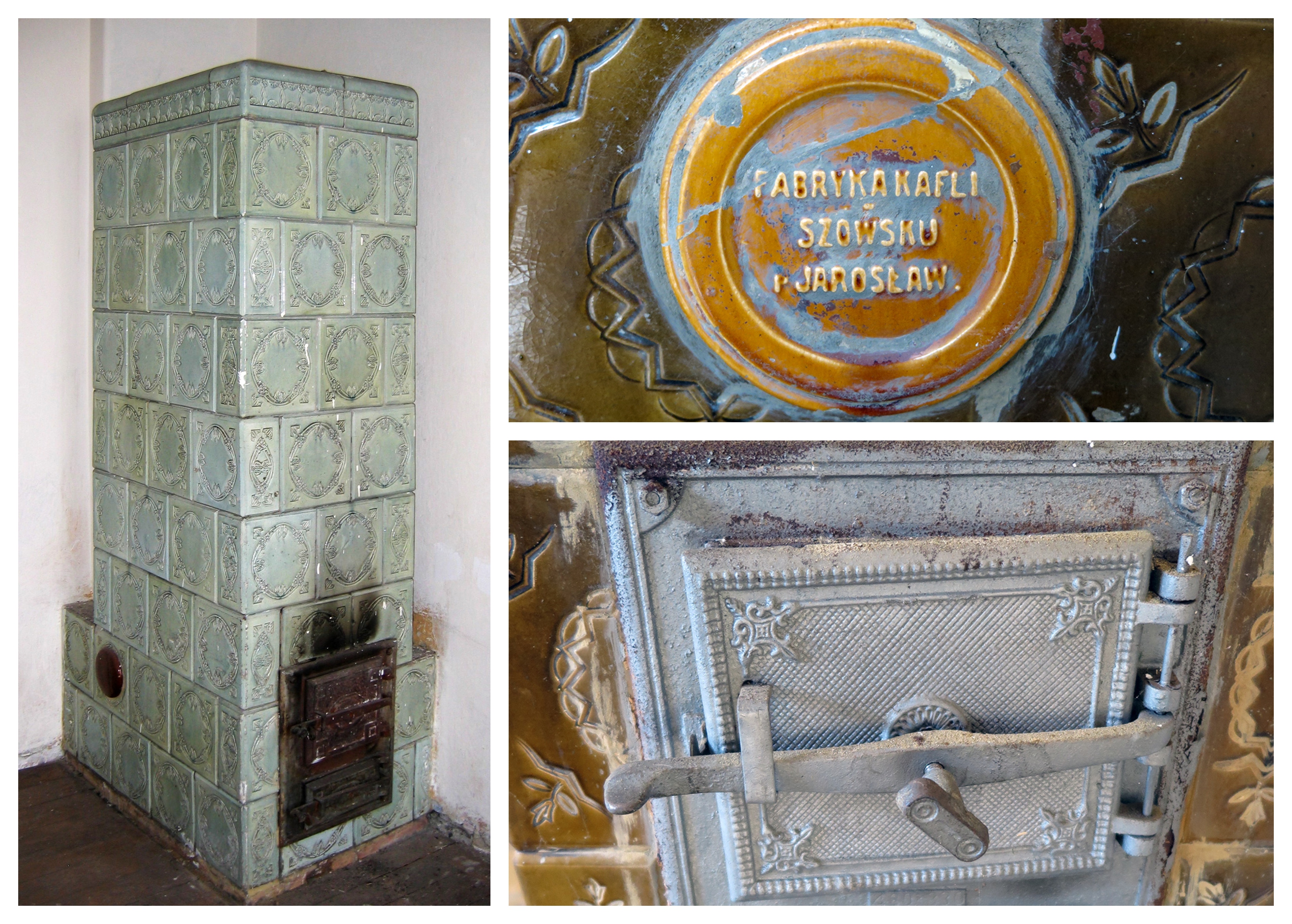 Od lewej zgodnie z zegarem: Typowy piec kaflowy w kamienicy Scheibego przy ul. Jana z Kolna 2; Detal pieca z nazwą producenta w jednym z dom&oacute;w przy ul. Słupeckiej na Działkach Leśnych; Dekorowane drzwiczki z pieca w jednym z dom&oacute;w przy ul. Słupeckiej na Działkach Leśnych.