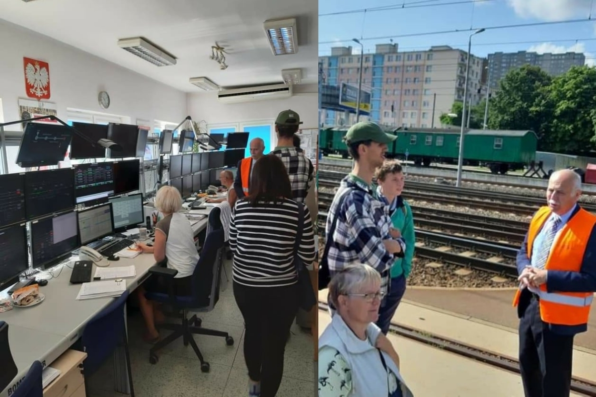 wycieczka zwiedza dworzec, grupa kobiet i mężczyzn