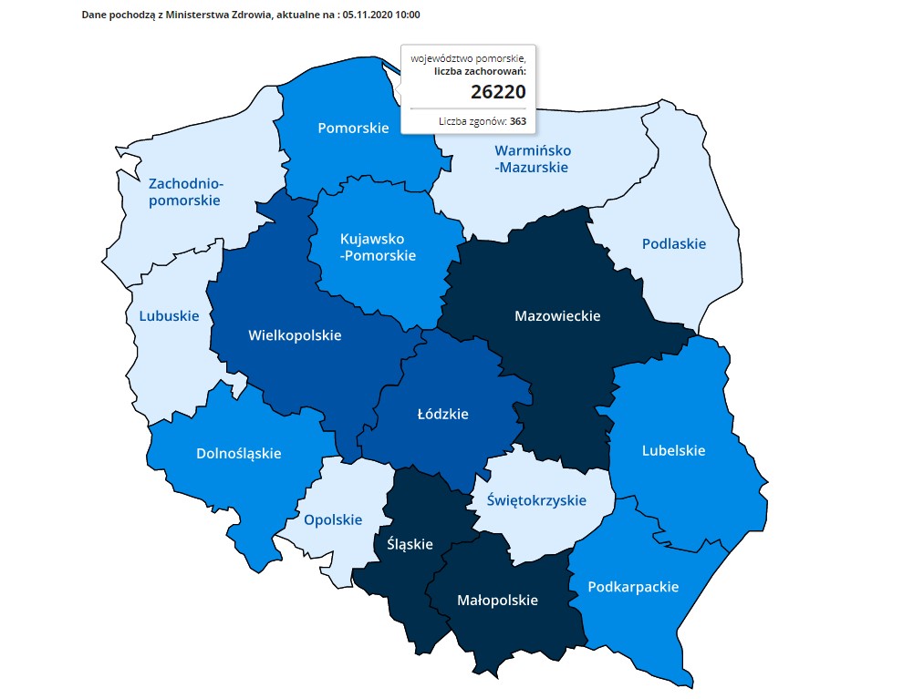 Zrzut ekranu Mapy zarażeń koronawirusem, dostępnej na stronie www.gov.pl. Mapa podzielona jest na wojew&oacute;dztwa. Wojew&oacute;dztwo pomorskie - liczba zachorowań: 26220, liczba zgon&oacute;w: 363