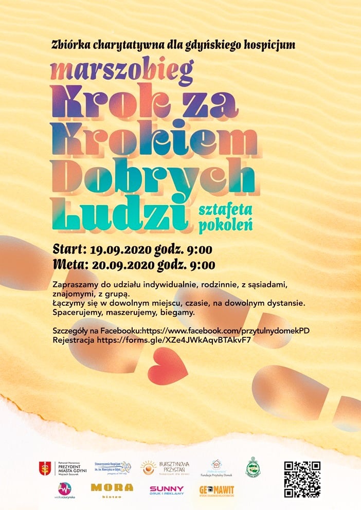 Plakat charytatywnego marszobiegu pod hasłem "Krok za krokiem dobrych ludzi" Sztafeta Pokoleń, kt&oacute;ry odbędzie się 19 września w Gdyni // fot. materiały prasowe
