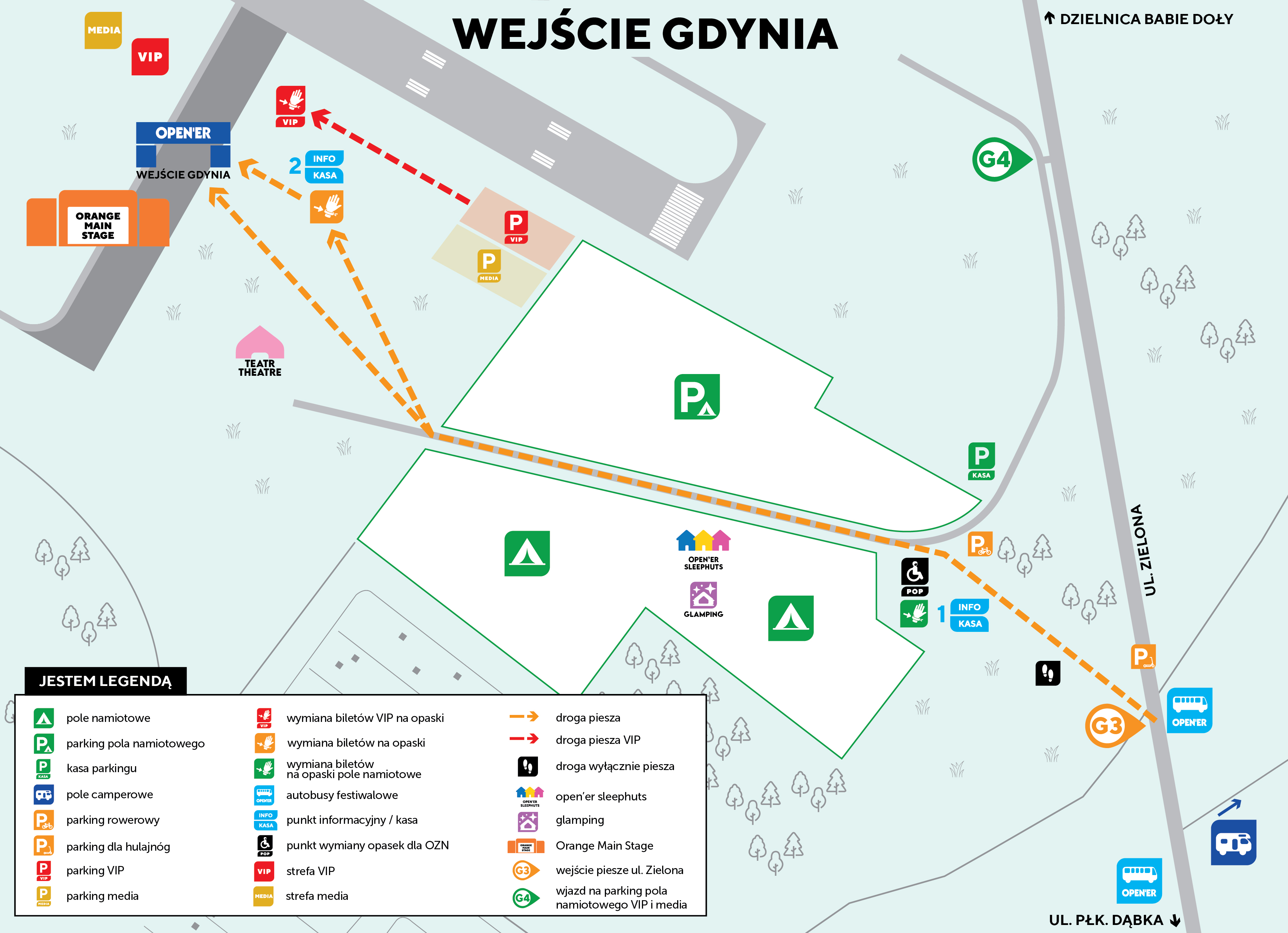 Opener 2024. Mapa wejścia Gdynia z oznakowanymi parkingami, polem namiotowym i punktami wymiany bilet&oacute;w