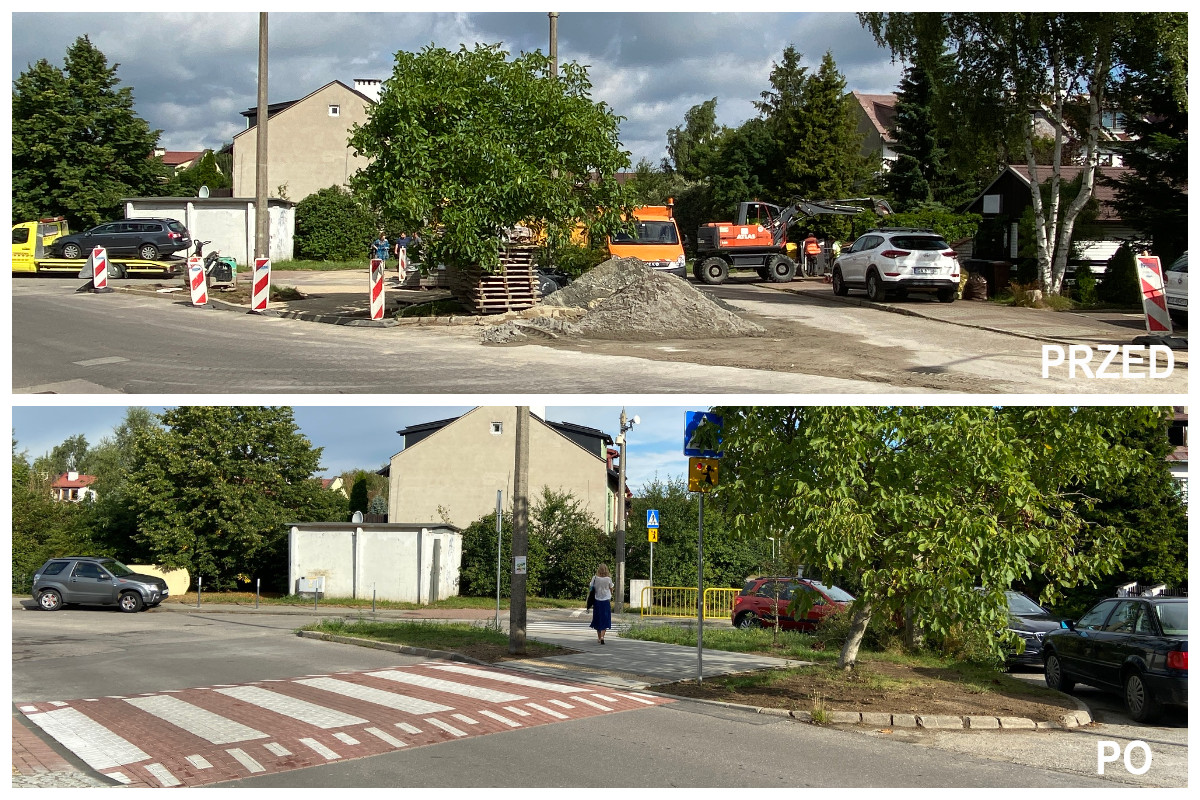 Rejon szkoły przy ul. Wiczlińskiej przed wybudowaniem wynisionego przejścia dla pieszych. Obok na dzjęciu wyniesione przejście dla pieszych  // fot. ZDiZ 