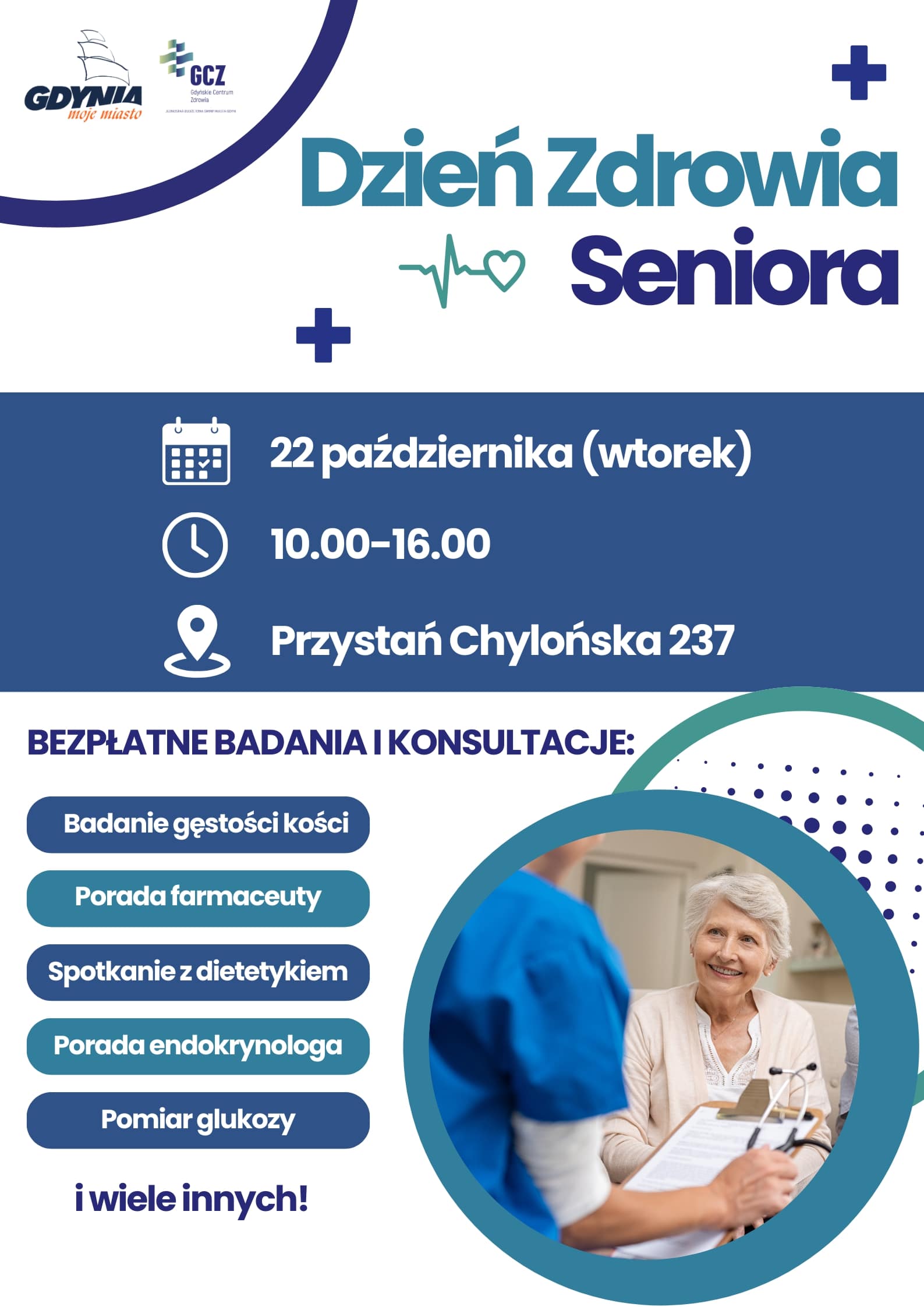 Plakat Dzień Zdrowia Seniora 22 października w Przystani Chylońska 237