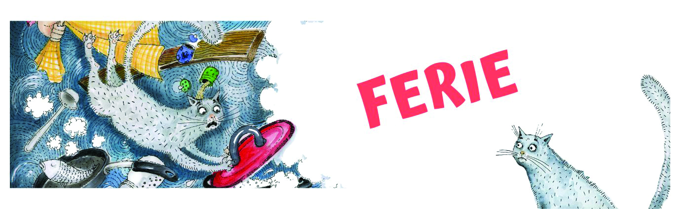 Baner z wydarzenia "Gdynia Rodzinna" na Facebooku. Czerwony napis "Ferie" i szary, rysunkowy kot.