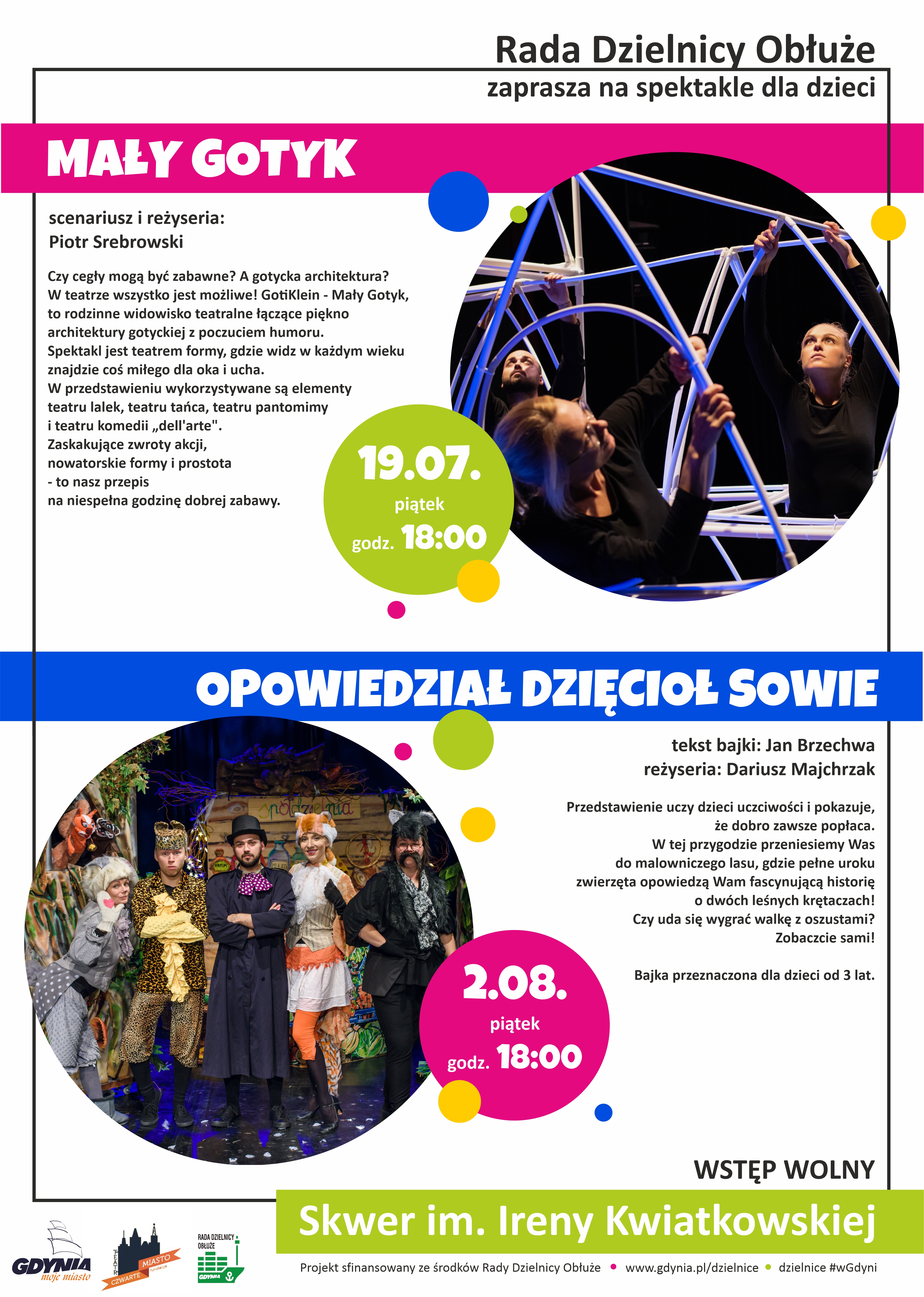 plakat reklamujący spektakle dla dzieci na Obłużu ze zdjęciami ze spektaki