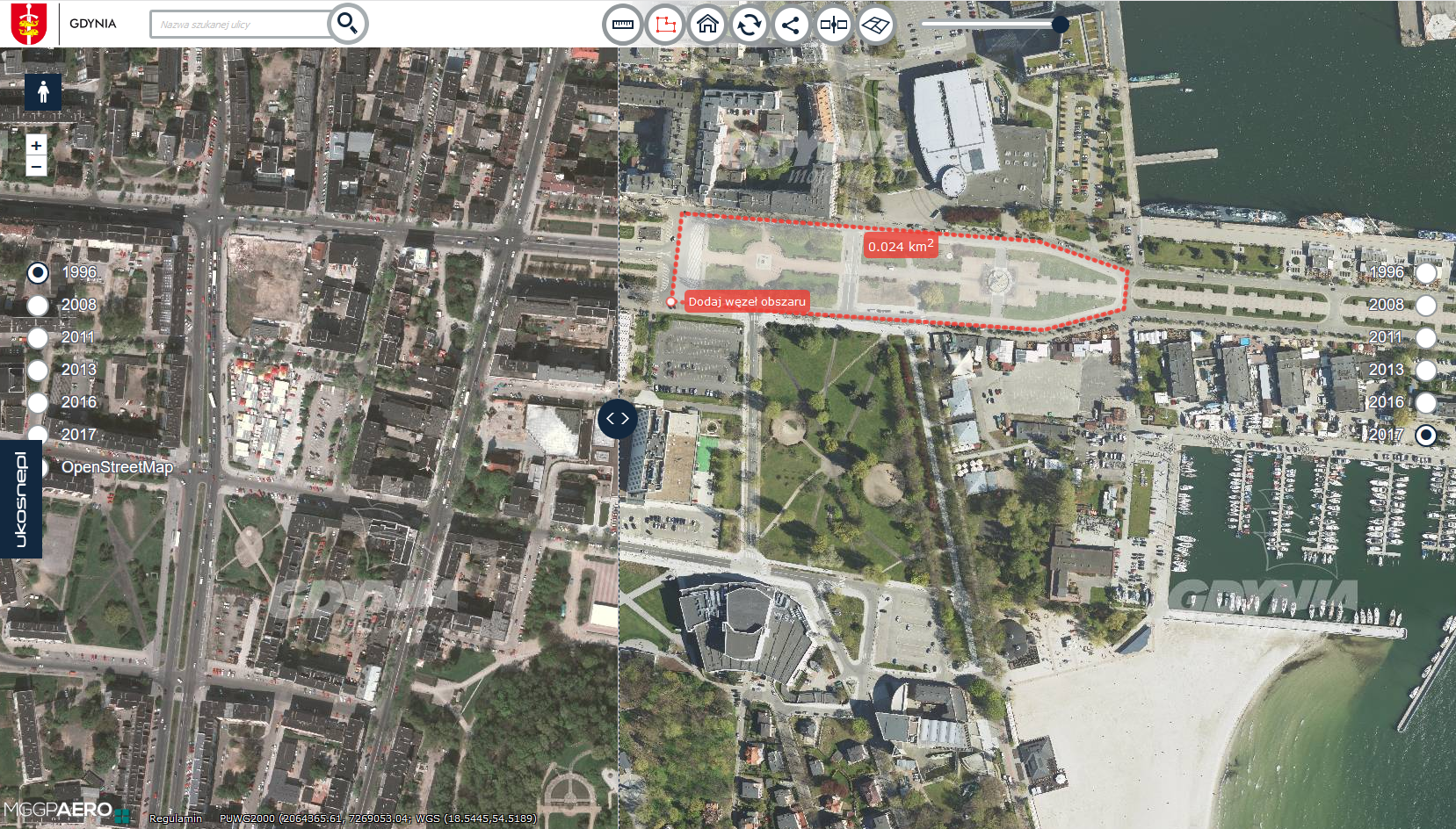 Mapa retro Gdyni, z por&oacute;wnaniem poszczeg&oacute;lnych lat, źr&oacute;dło: www.gdynia.retromapy.pl