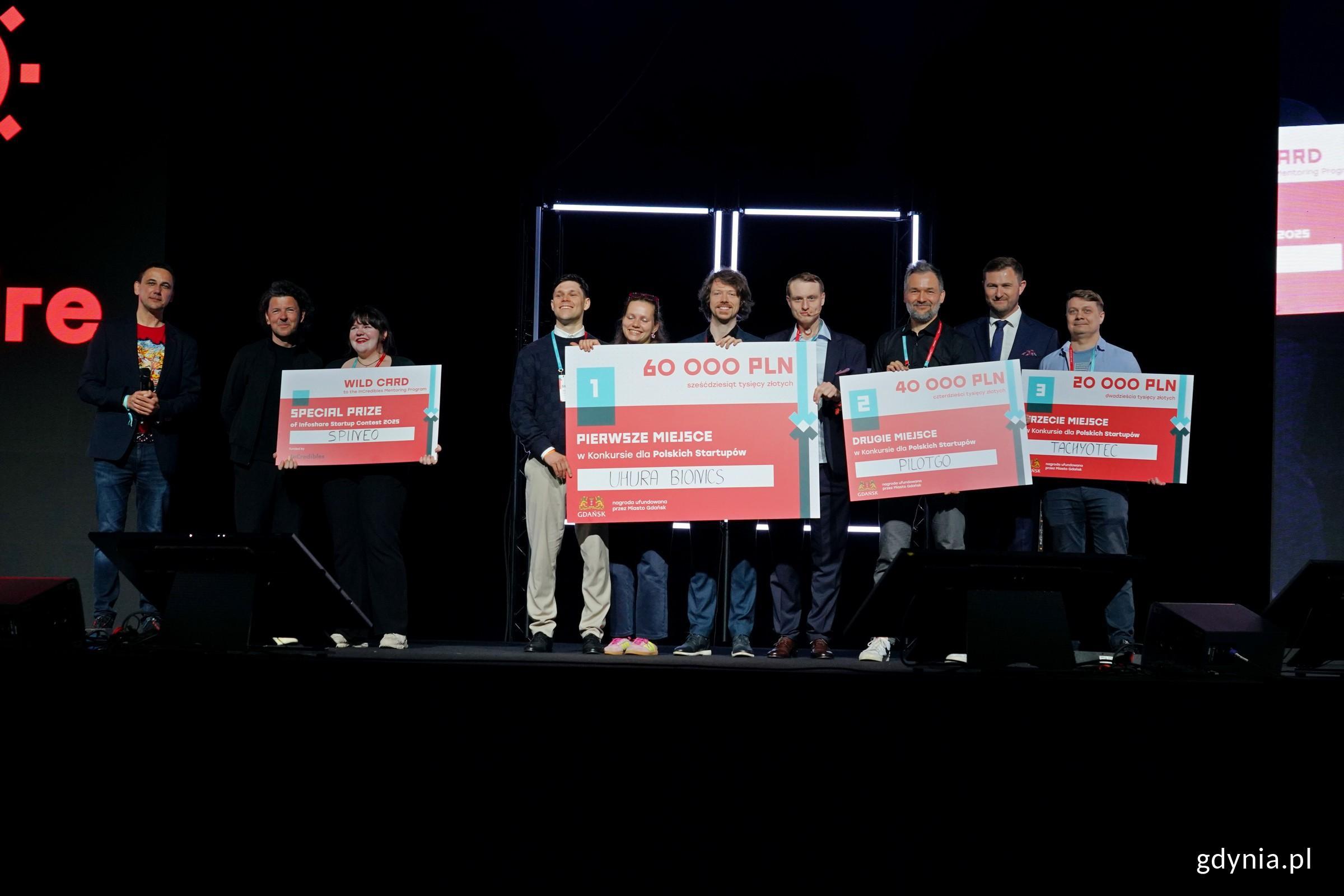 Laureaci konkursu dla polskich start-up&oacute;w wraz z Piotrem Grzelakiem &ndash; zastępcą prezydent Gdańska ds. zr&oacute;wnoważonego rozwoju i gospodarki i Grzegorzem Borowskim &ndash; wsp&oacute;łzałożycielem i prezesem zarządu Infoshare (fot. Magdalena Czernek)