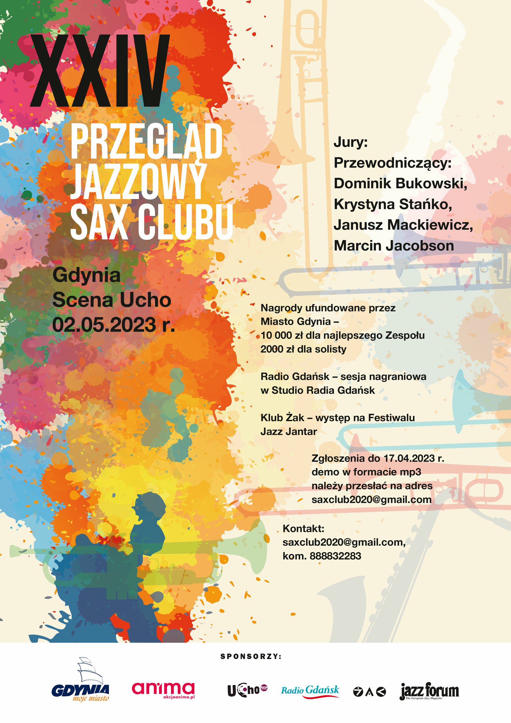 plakat XXIV Przeglądu Jazzowego Sax Clubu z kolorowymi mazami 